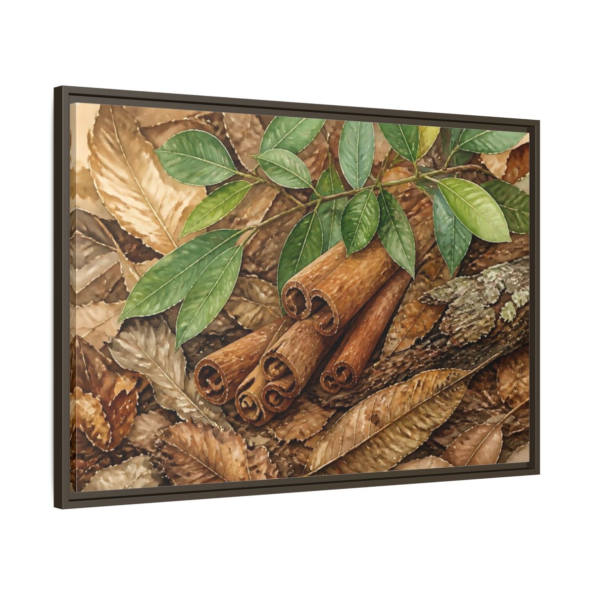 Main Mockup. Cinnamon Bark And Leaves shown as framed canvas print