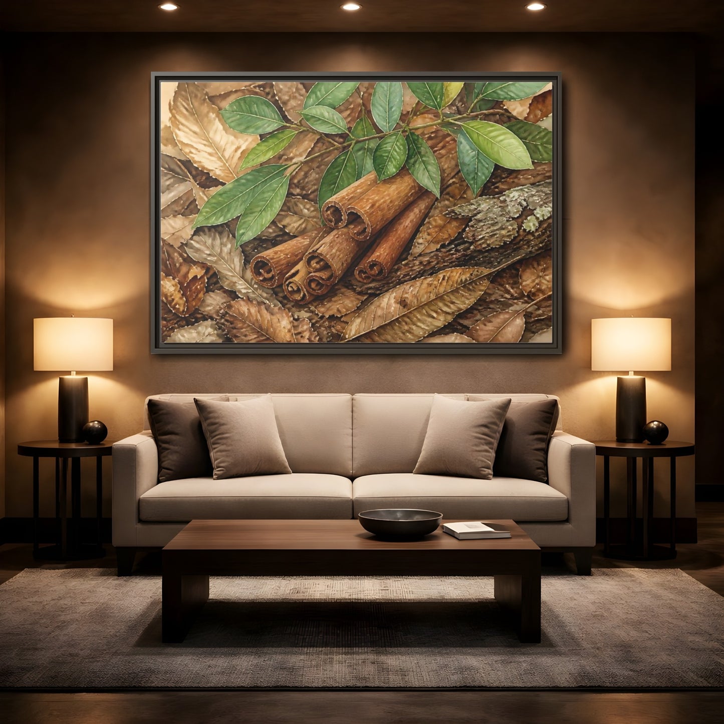 Mockup 2. Cinnamon Bark And Leaves shown as framed canvas print