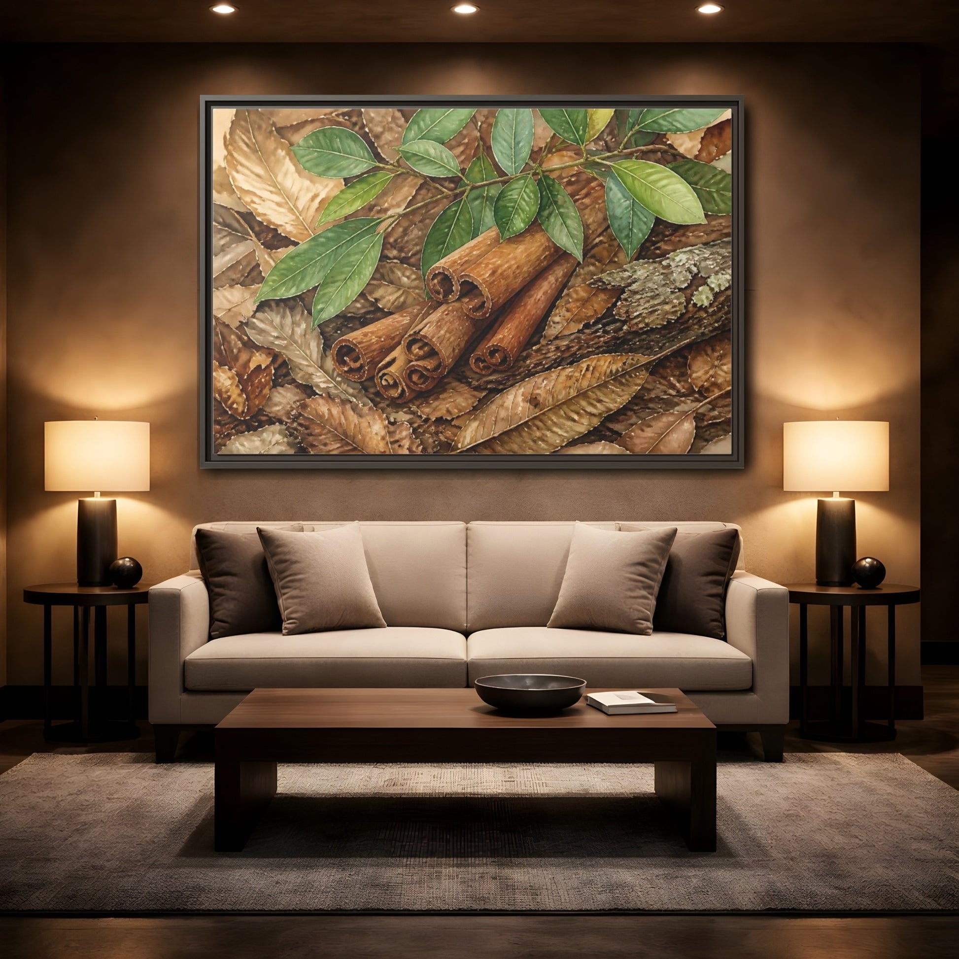 Mockup 2. Cinnamon Bark And Leaves shown as framed canvas print