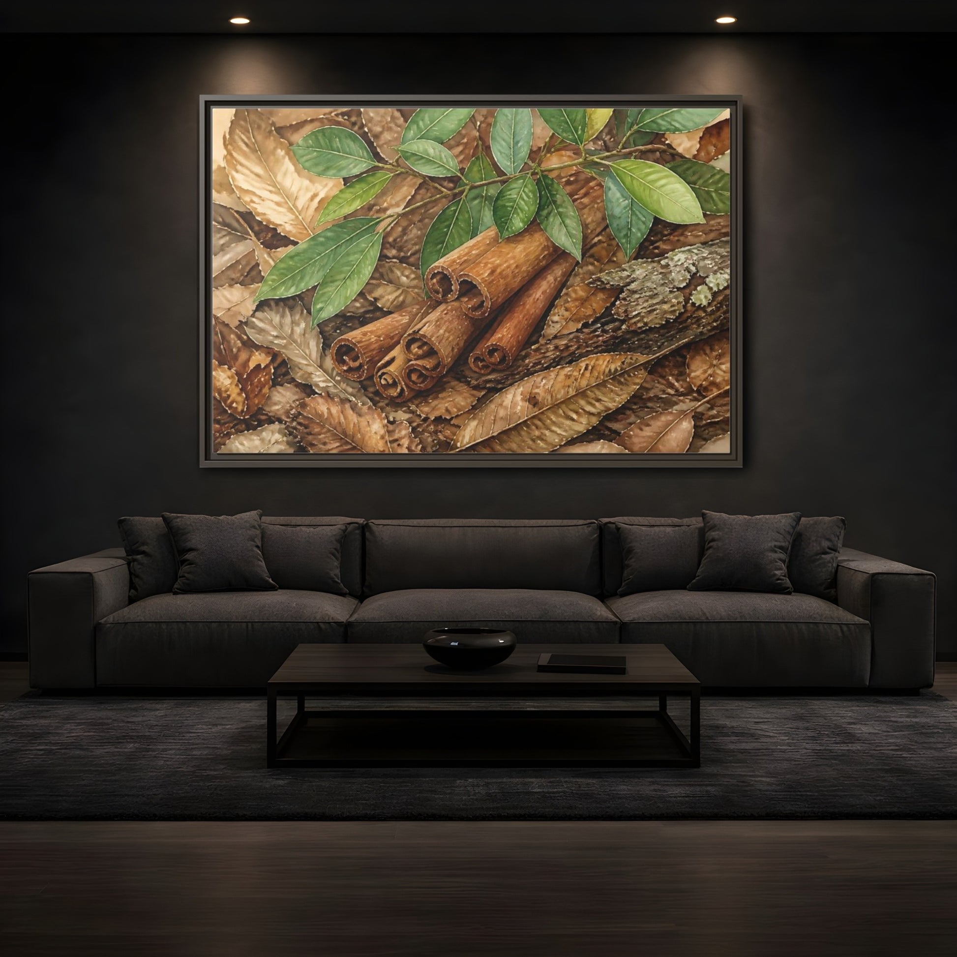 Mockup 3. Cinnamon Bark And Leaves shown as framed canvas print