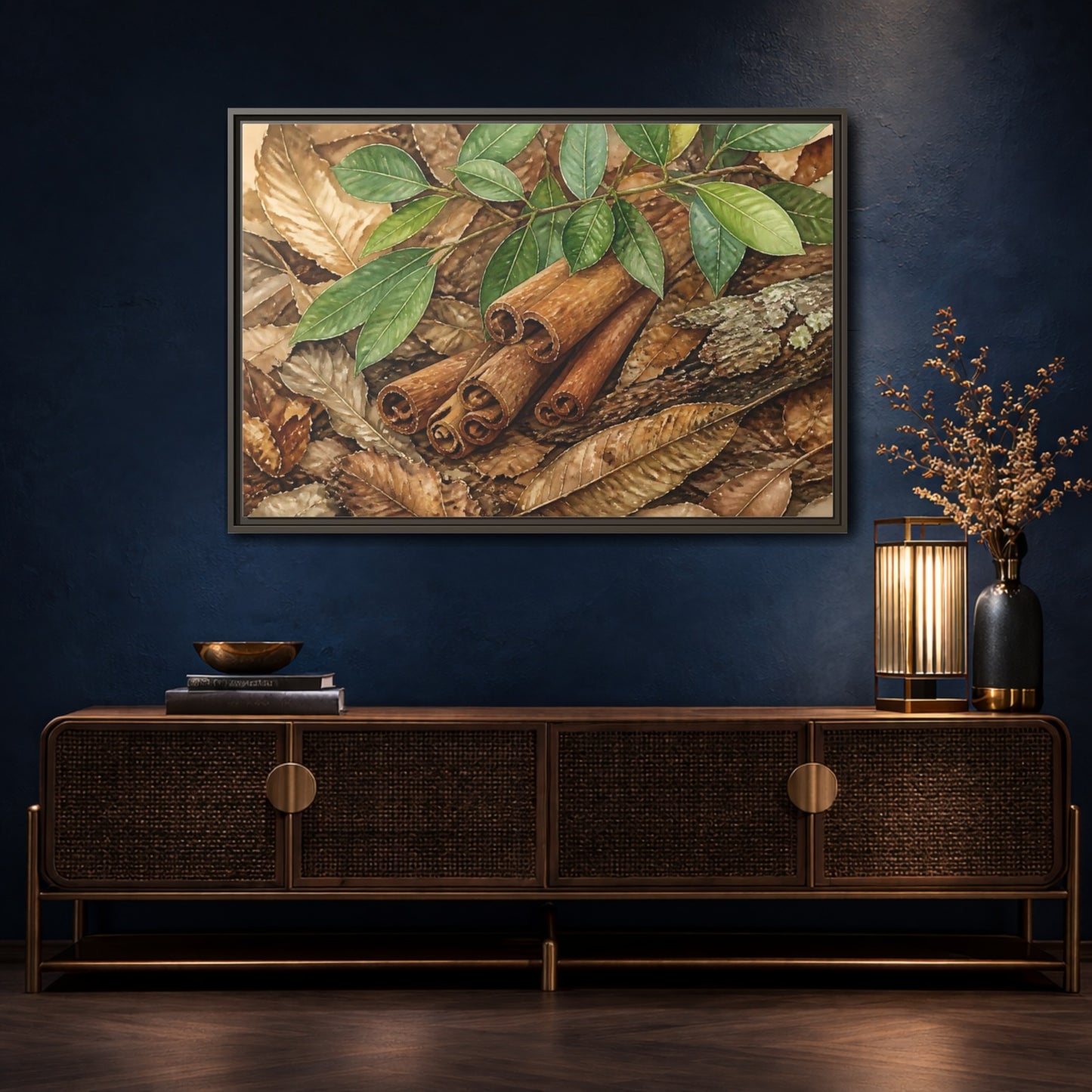 Mockup 4. Cinnamon Bark And Leaves shown as framed canvas print