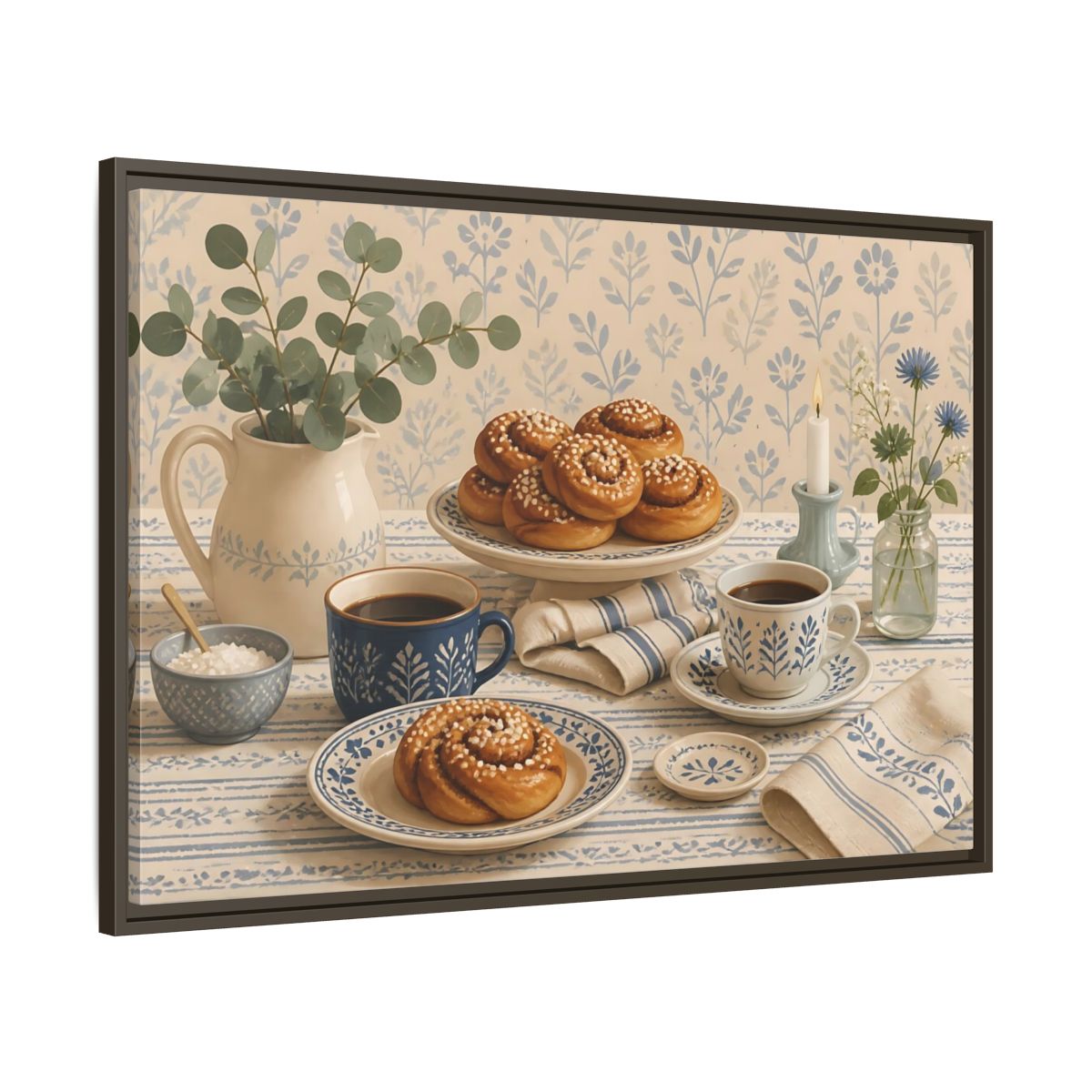 Main Mockup. Cinnamon Rolls & Coffee shown as framed canvas print
