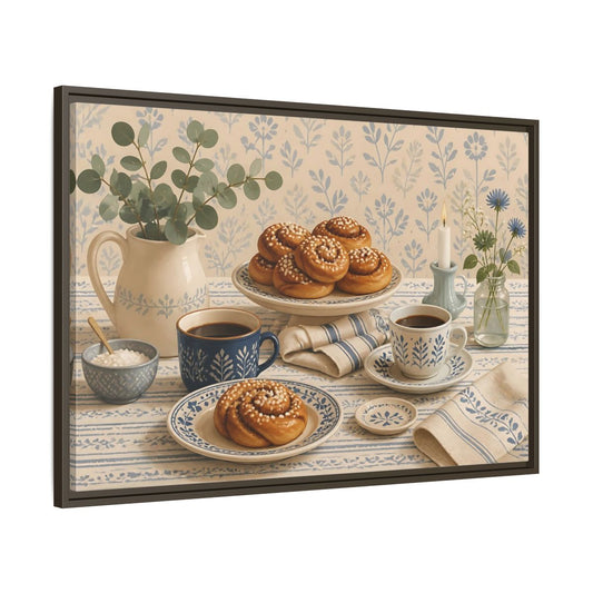 Main Mockup. Cinnamon Rolls & Coffee shown as framed canvas print
