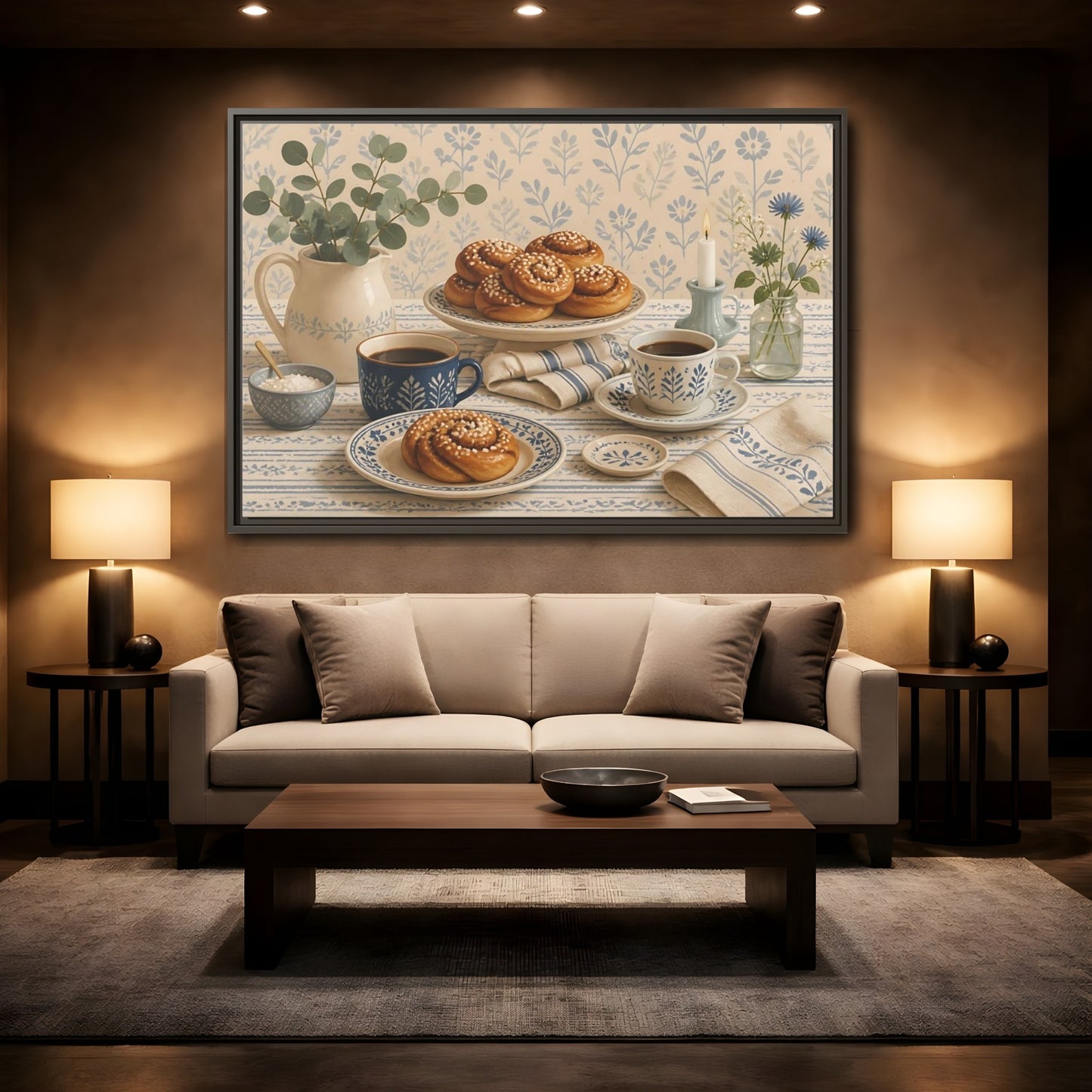 Mockup 2. Cinnamon Rolls & Coffee shown as framed canvas print