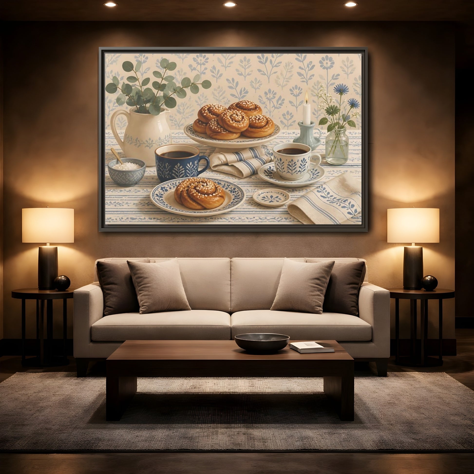 Mockup 2. Cinnamon Rolls & Coffee shown as framed canvas print