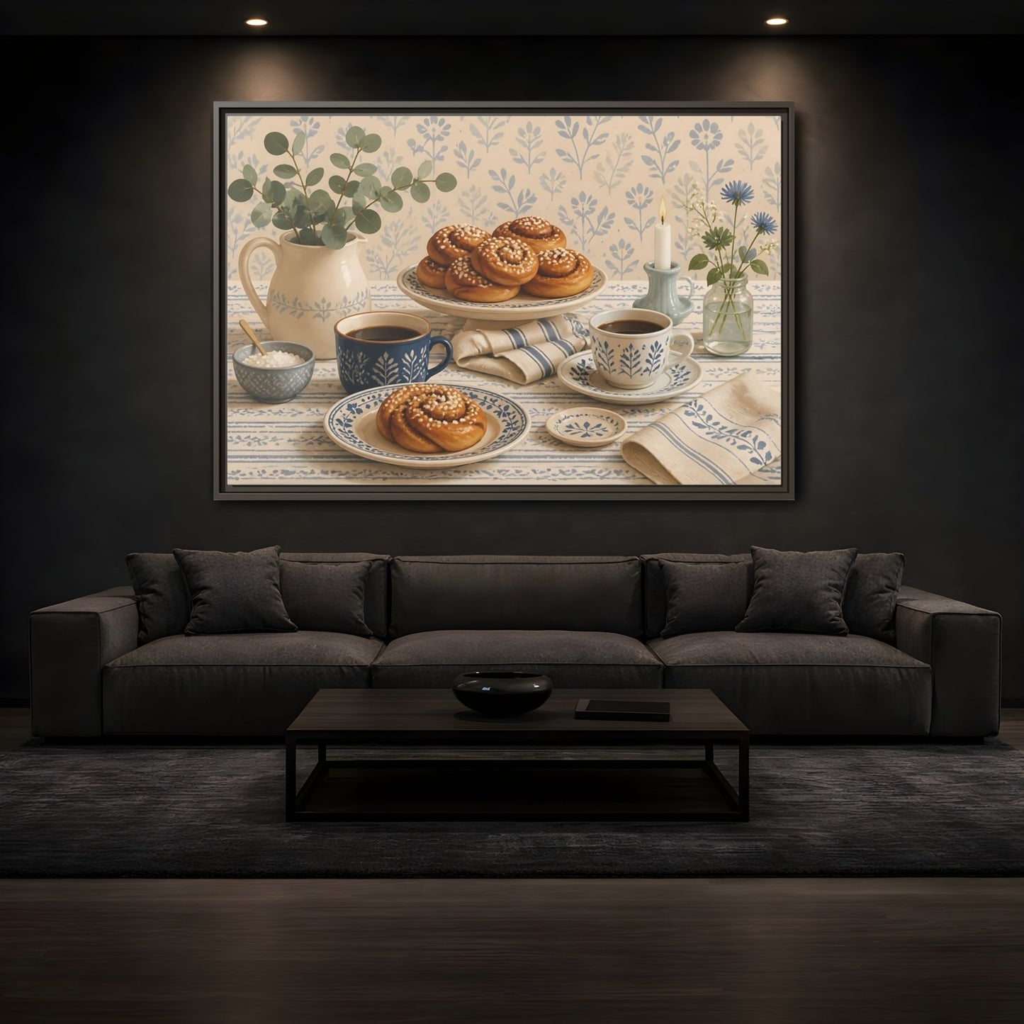 Mockup 3. Cinnamon Rolls & Coffee shown as framed canvas print