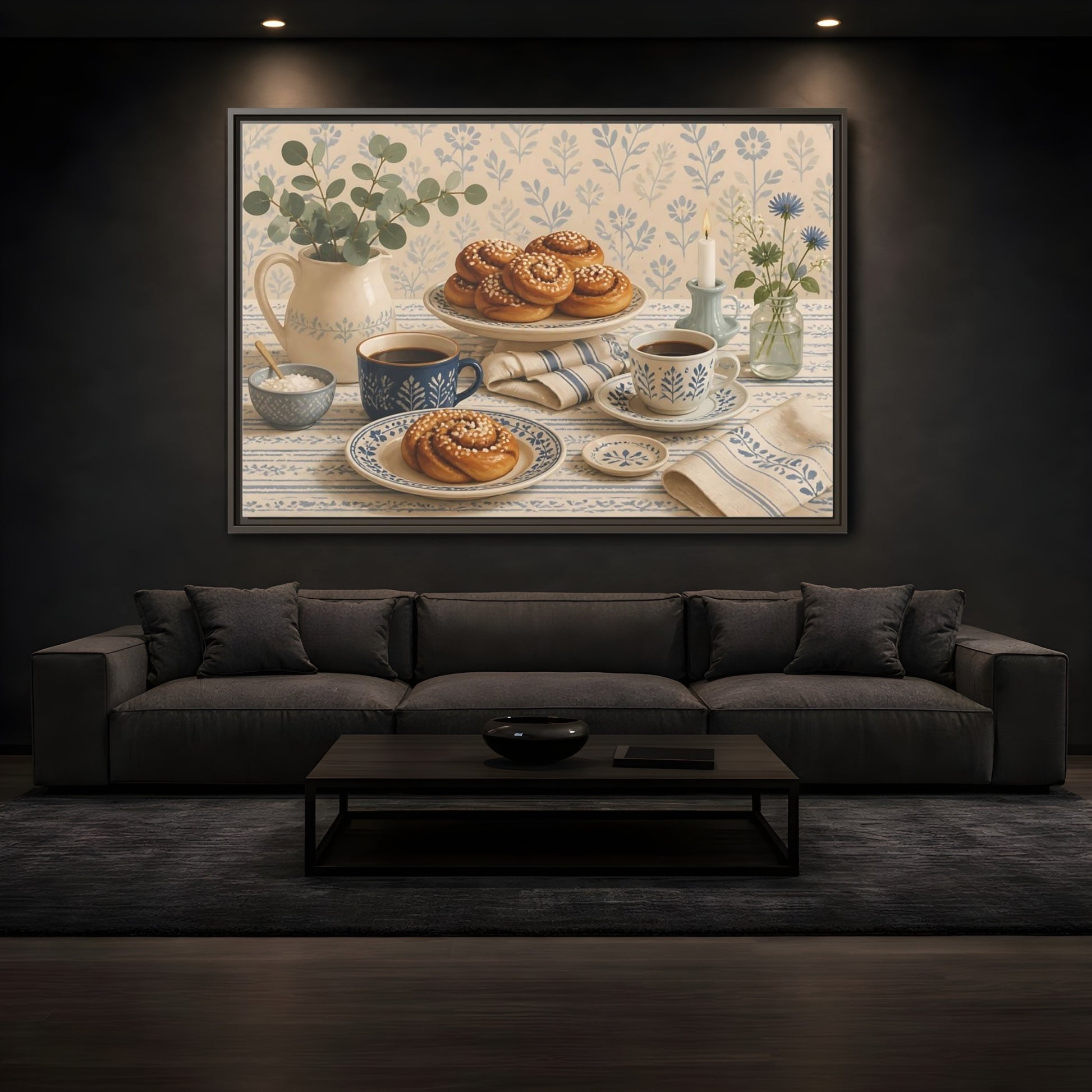 Mockup 3. Cinnamon Rolls & Coffee shown as framed canvas print