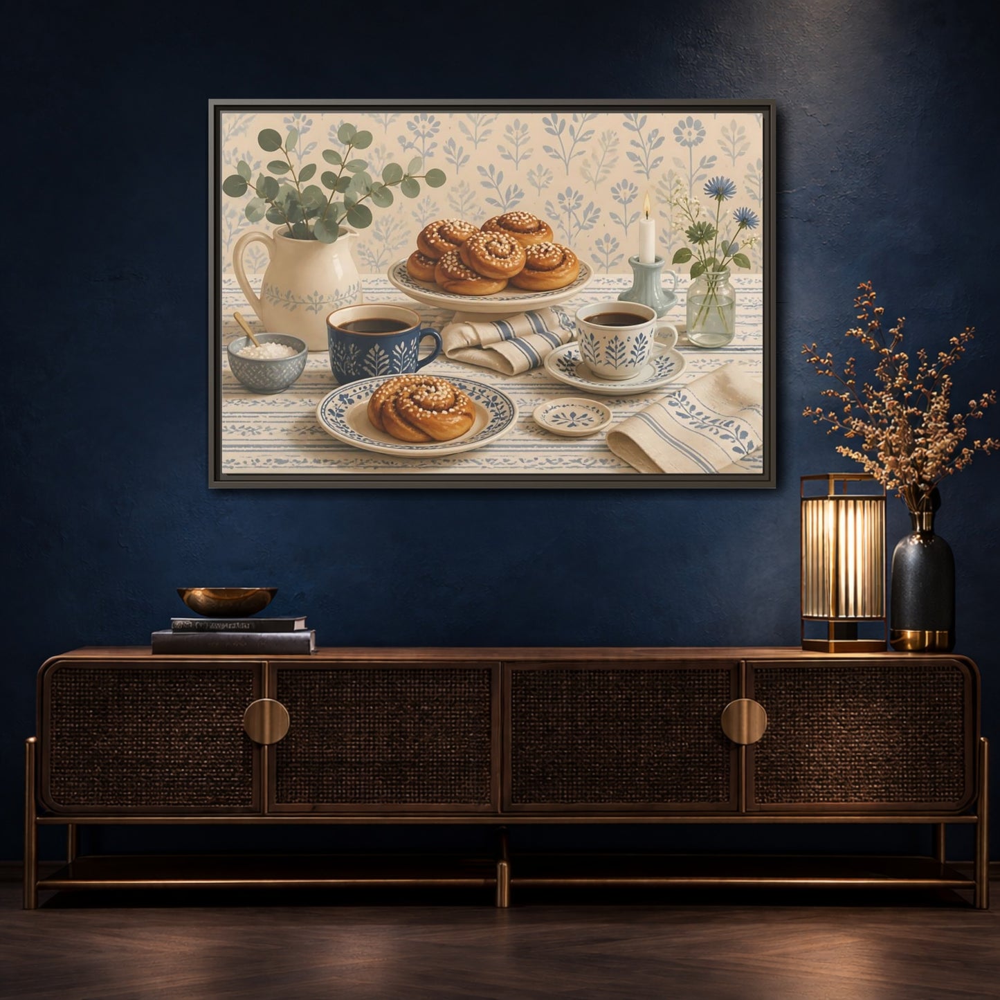 Mockup 4. Cinnamon Rolls & Coffee shown as framed canvas print