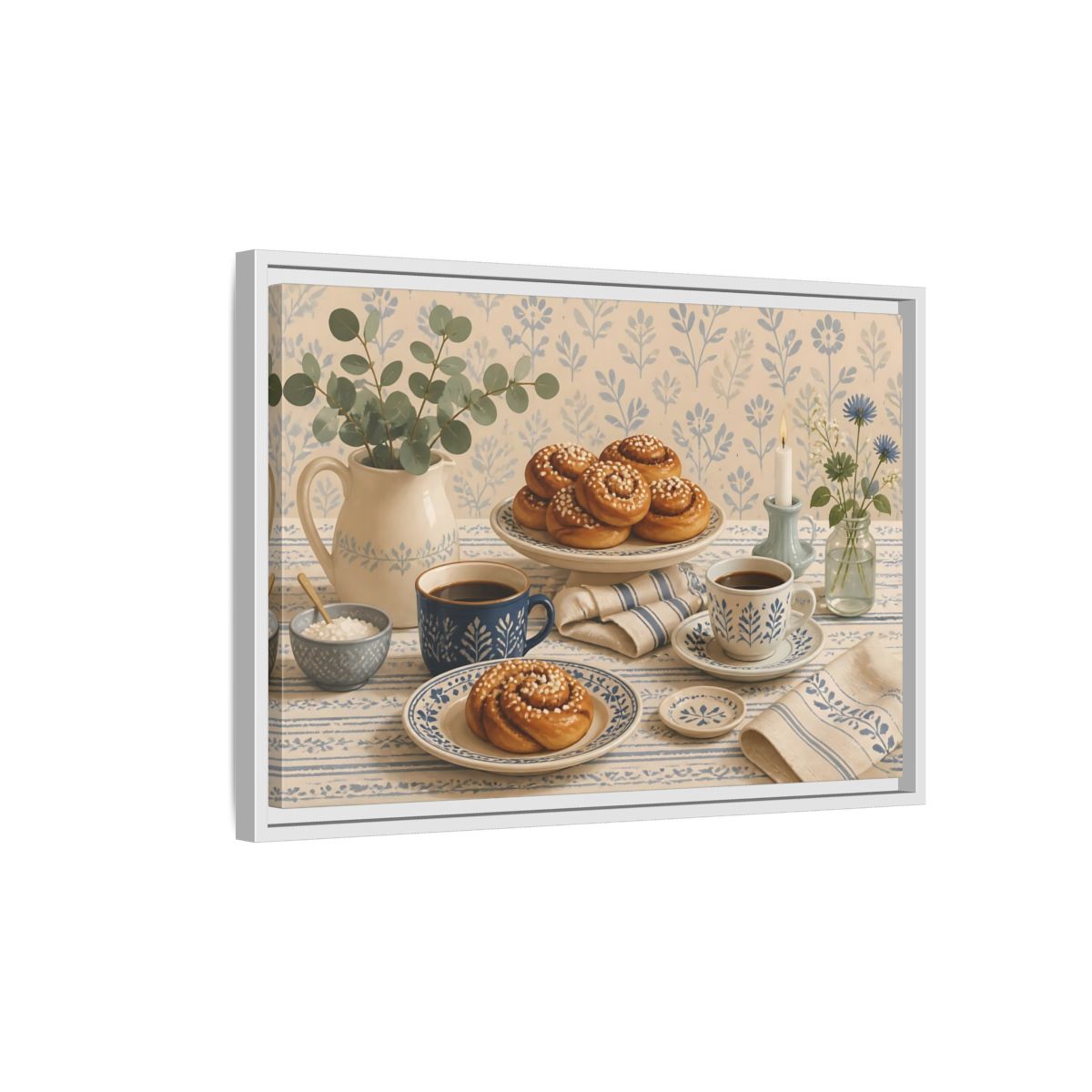 Side Mockup 1. Cinnamon Rolls & Coffee shown as framed canvas print