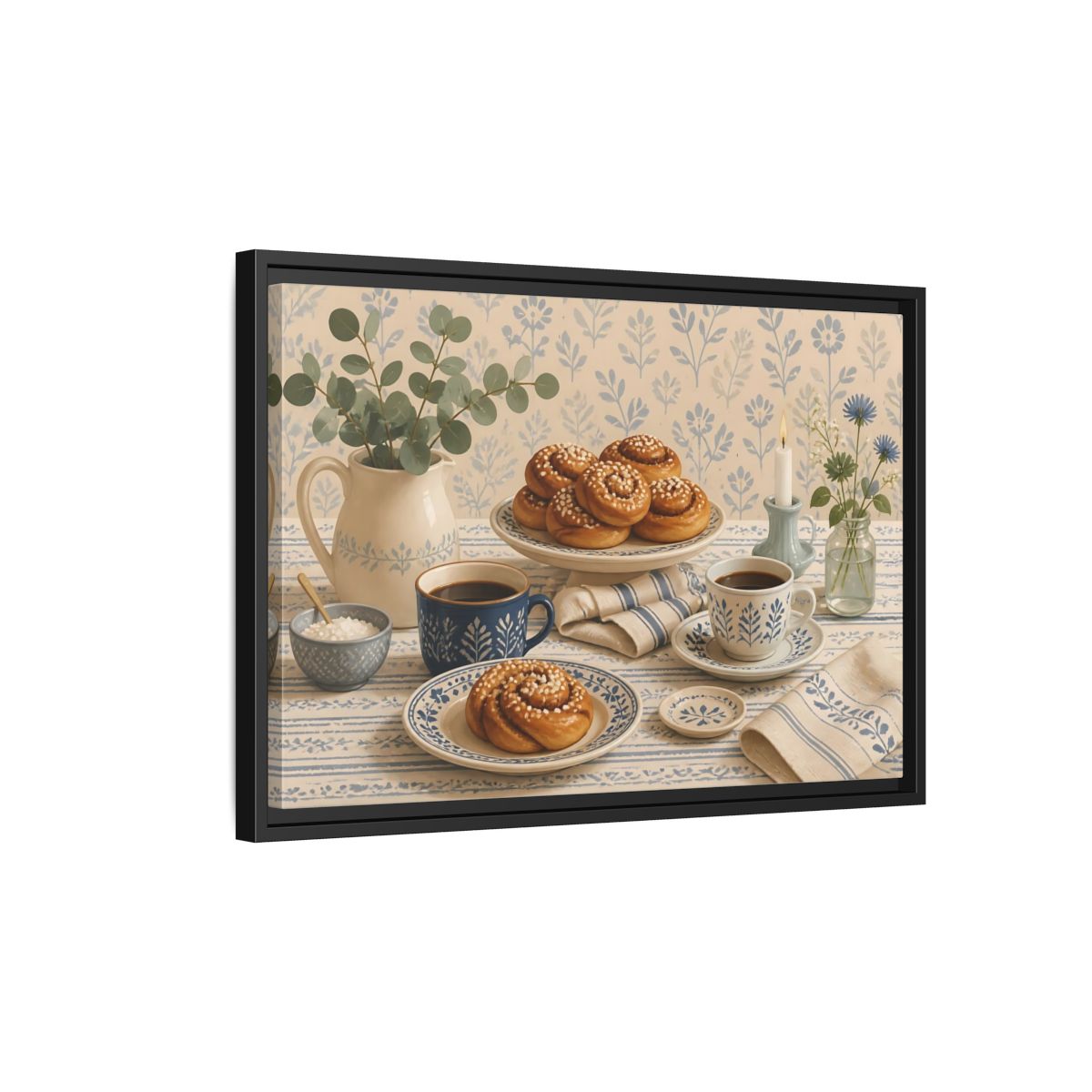 Side Mockup 3. Cinnamon Rolls & Coffee shown as framed canvas print