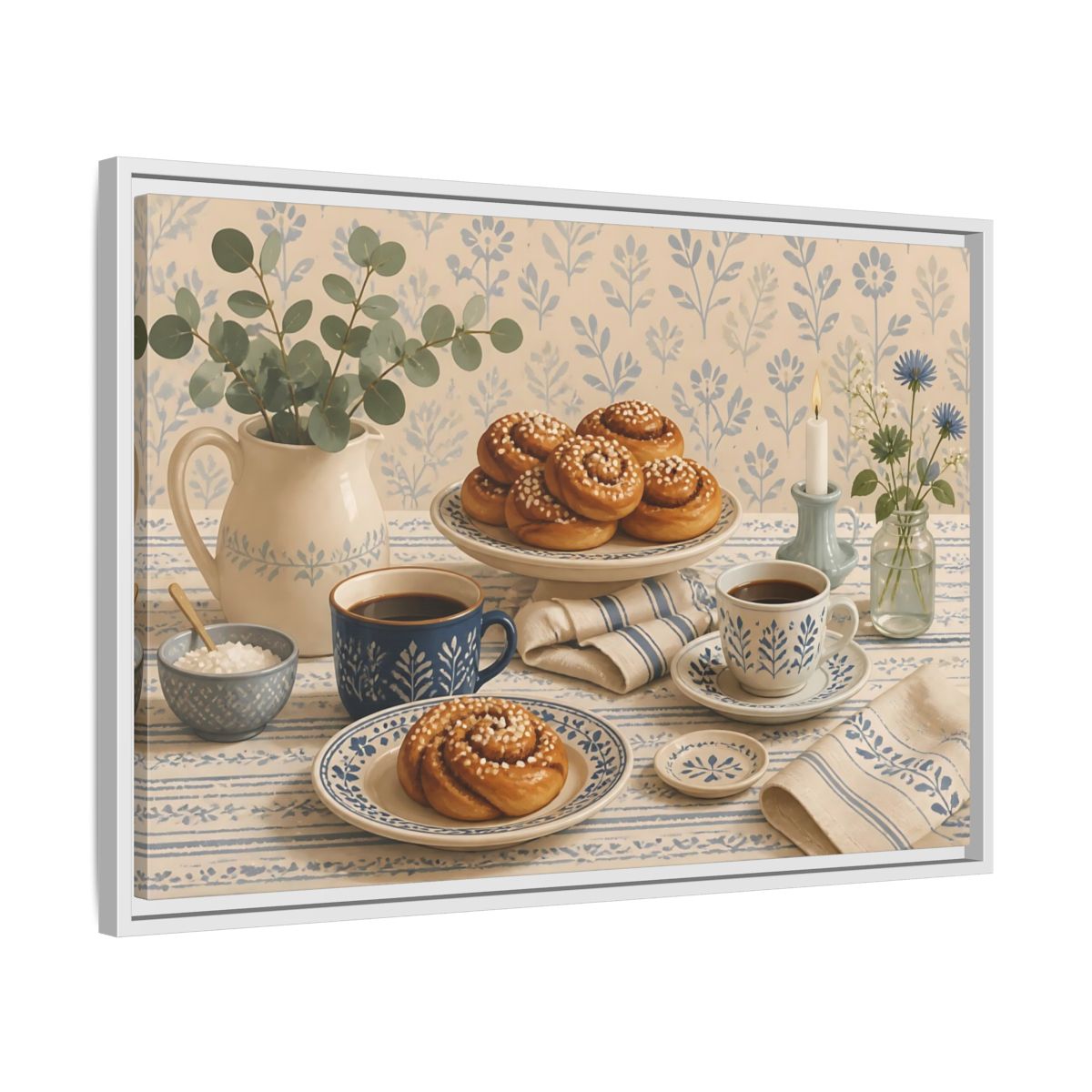 Side Mockup 10. Cinnamon Rolls & Coffee shown as framed canvas print