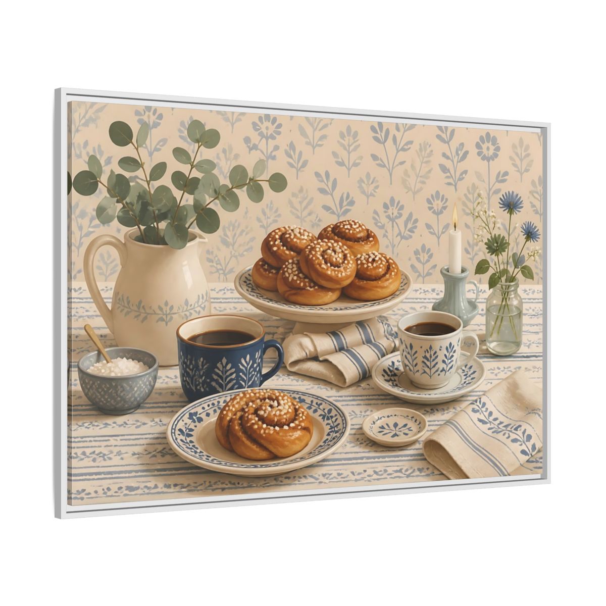 Side Mockup 7. Cinnamon Rolls & Coffee shown as framed canvas print