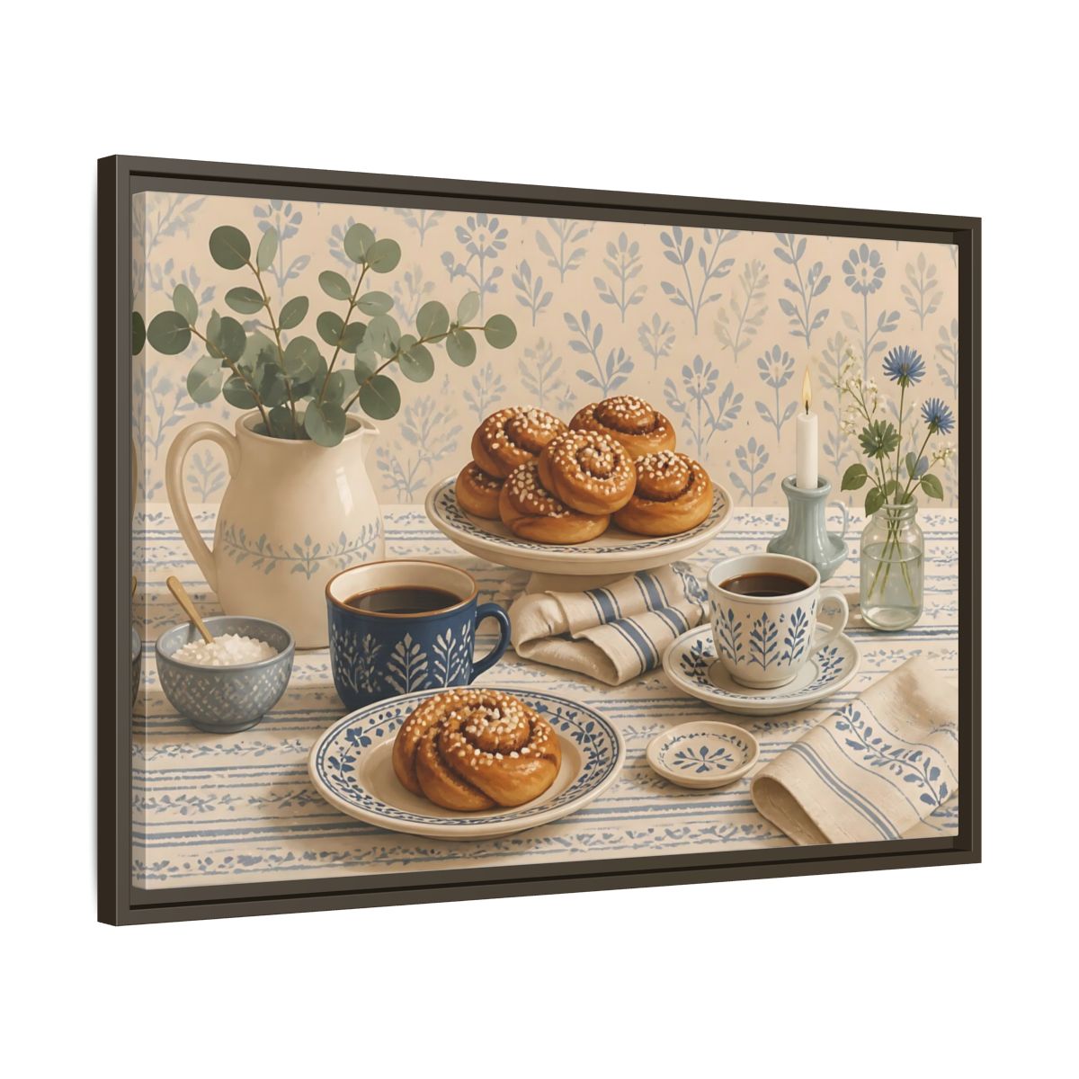 Side Mockup 11. Cinnamon Rolls & Coffee shown as framed canvas print