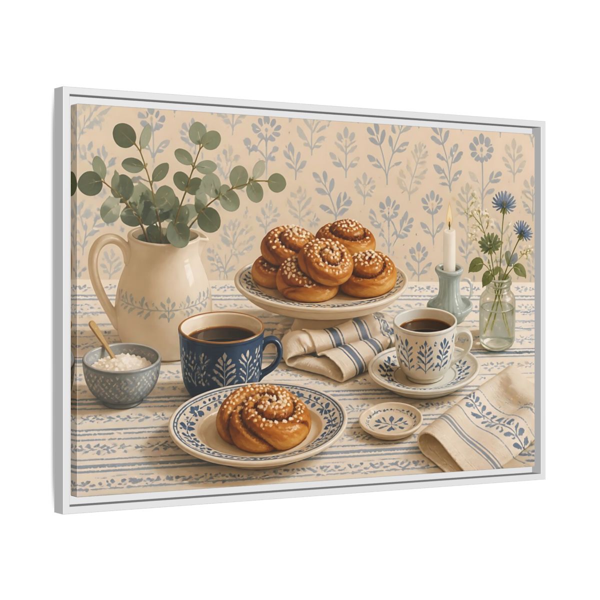 Side Mockup 9. Cinnamon Rolls & Coffee shown as framed canvas print