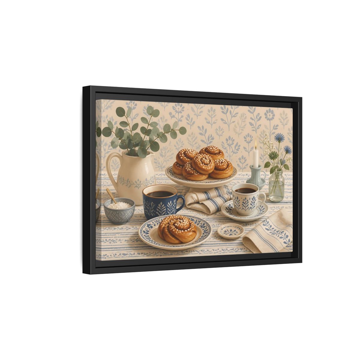Side Mockup 6. Cinnamon Rolls & Coffee shown as framed canvas print