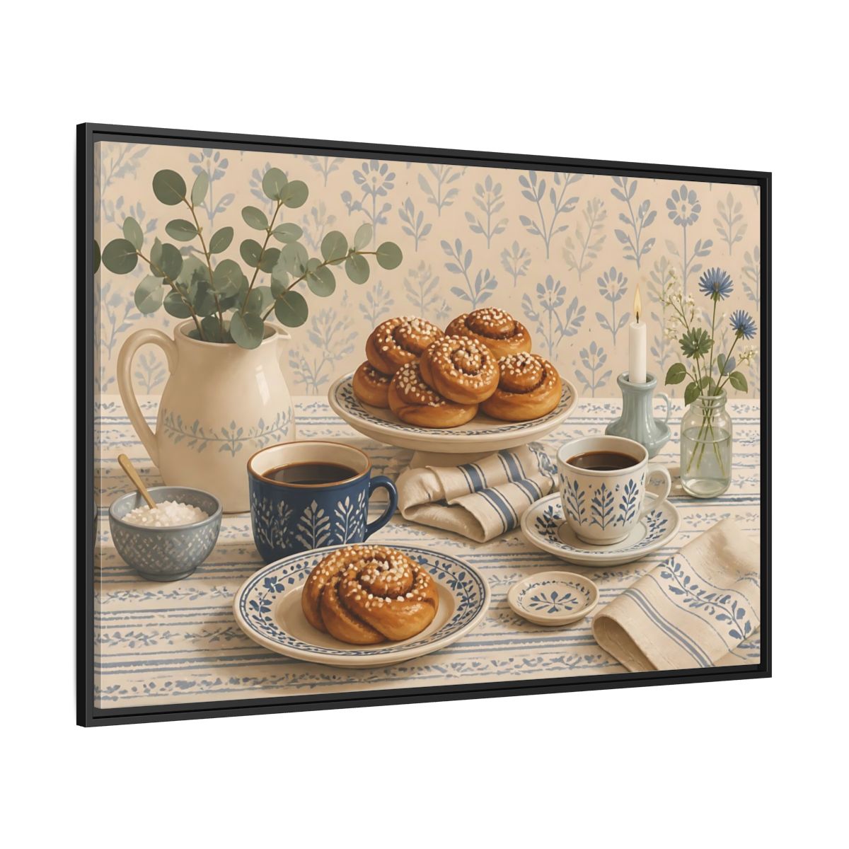 Side Mockup 12. Cinnamon Rolls & Coffee shown as framed canvas print