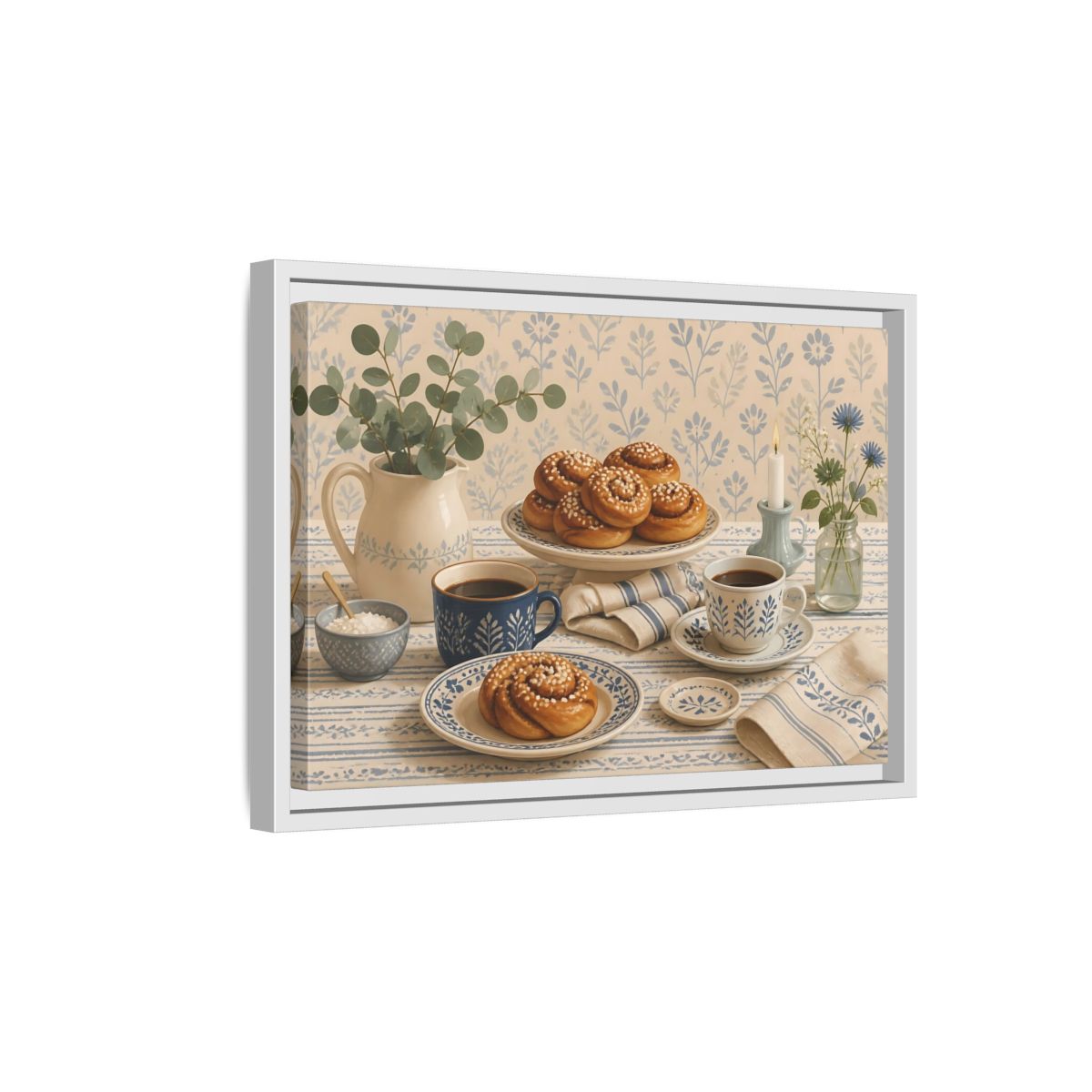 Side Mockup 4. Cinnamon Rolls & Coffee shown as framed canvas print