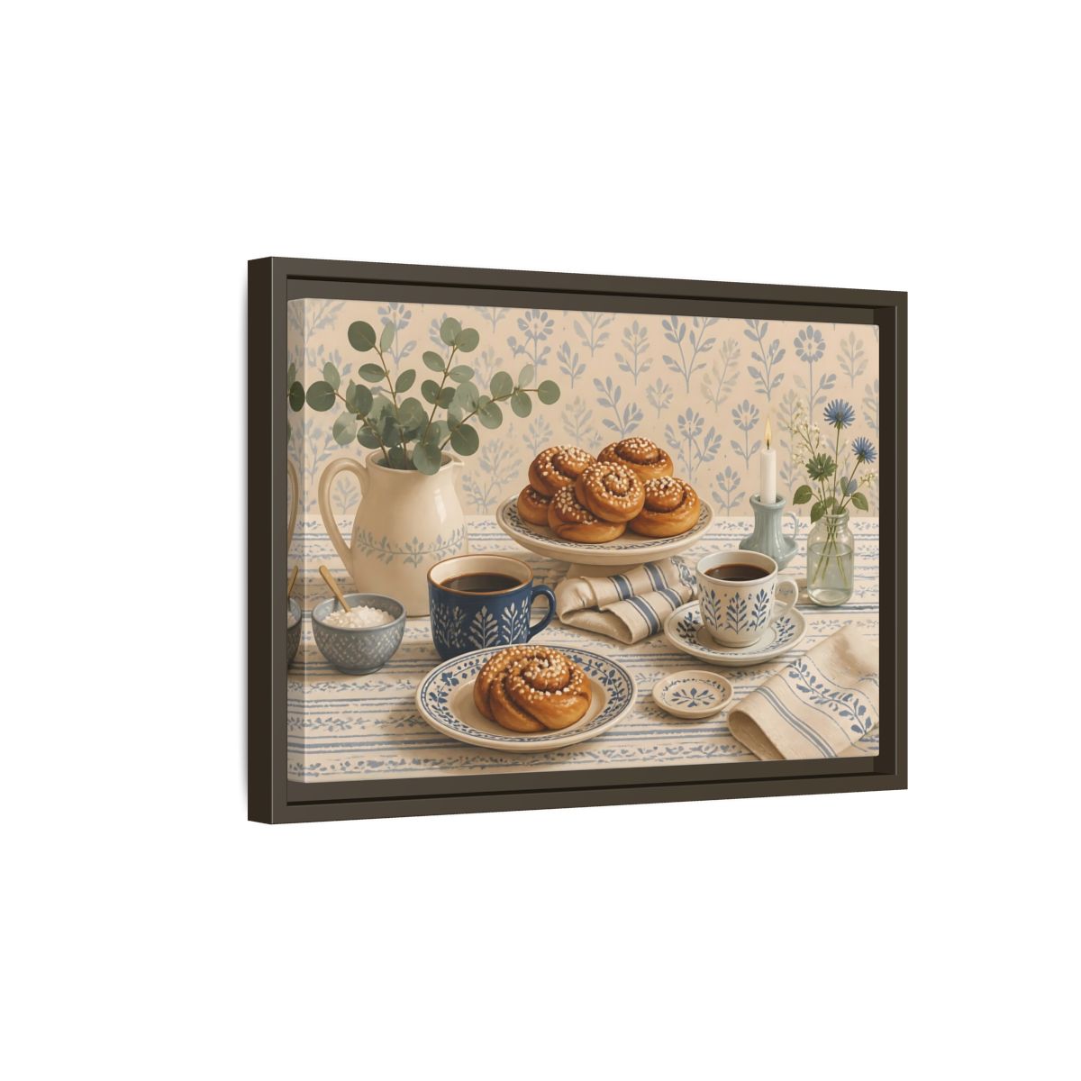 Side Mockup 5. Cinnamon Rolls & Coffee shown as framed canvas print