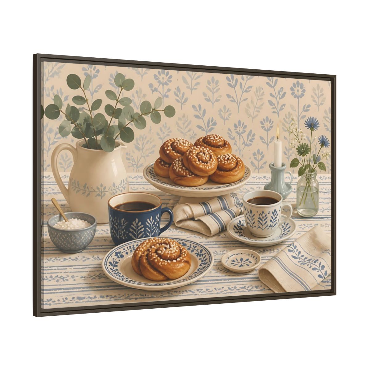 Side Mockup 8. Cinnamon Rolls & Coffee shown as framed canvas print