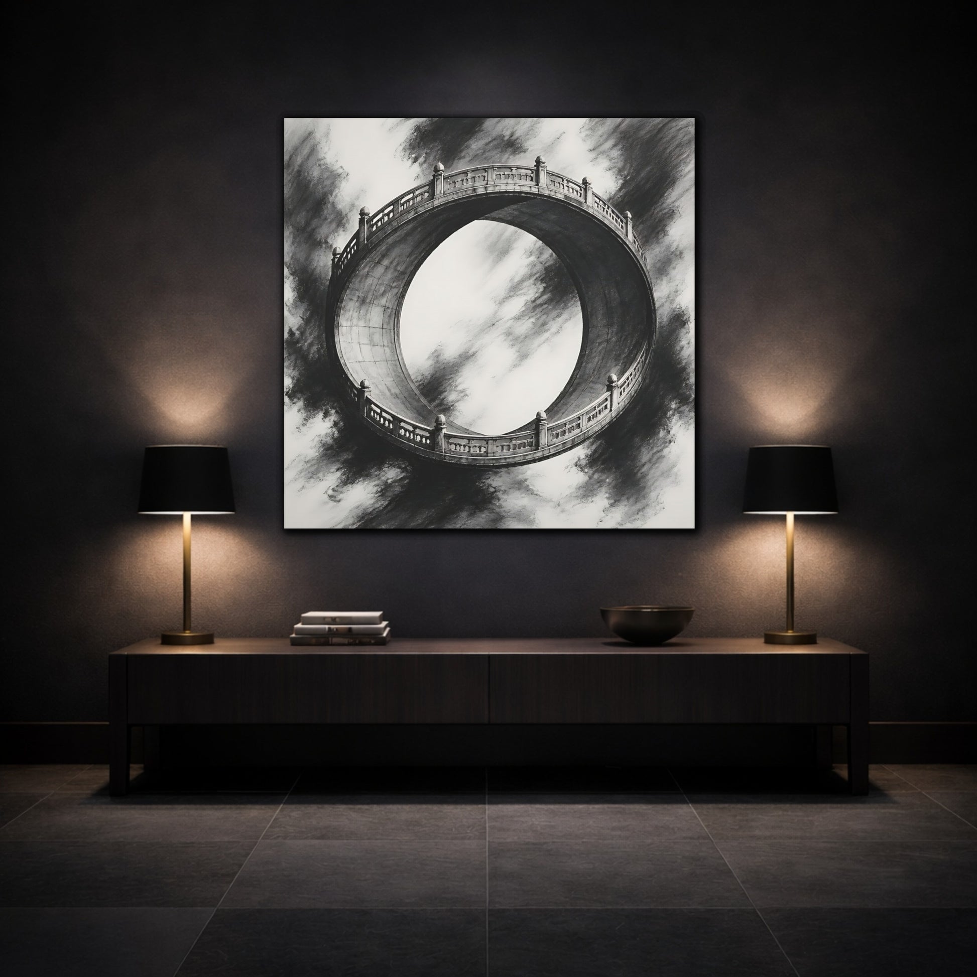 Mockup 3. Circular Bridge Illusion shown as canvas print