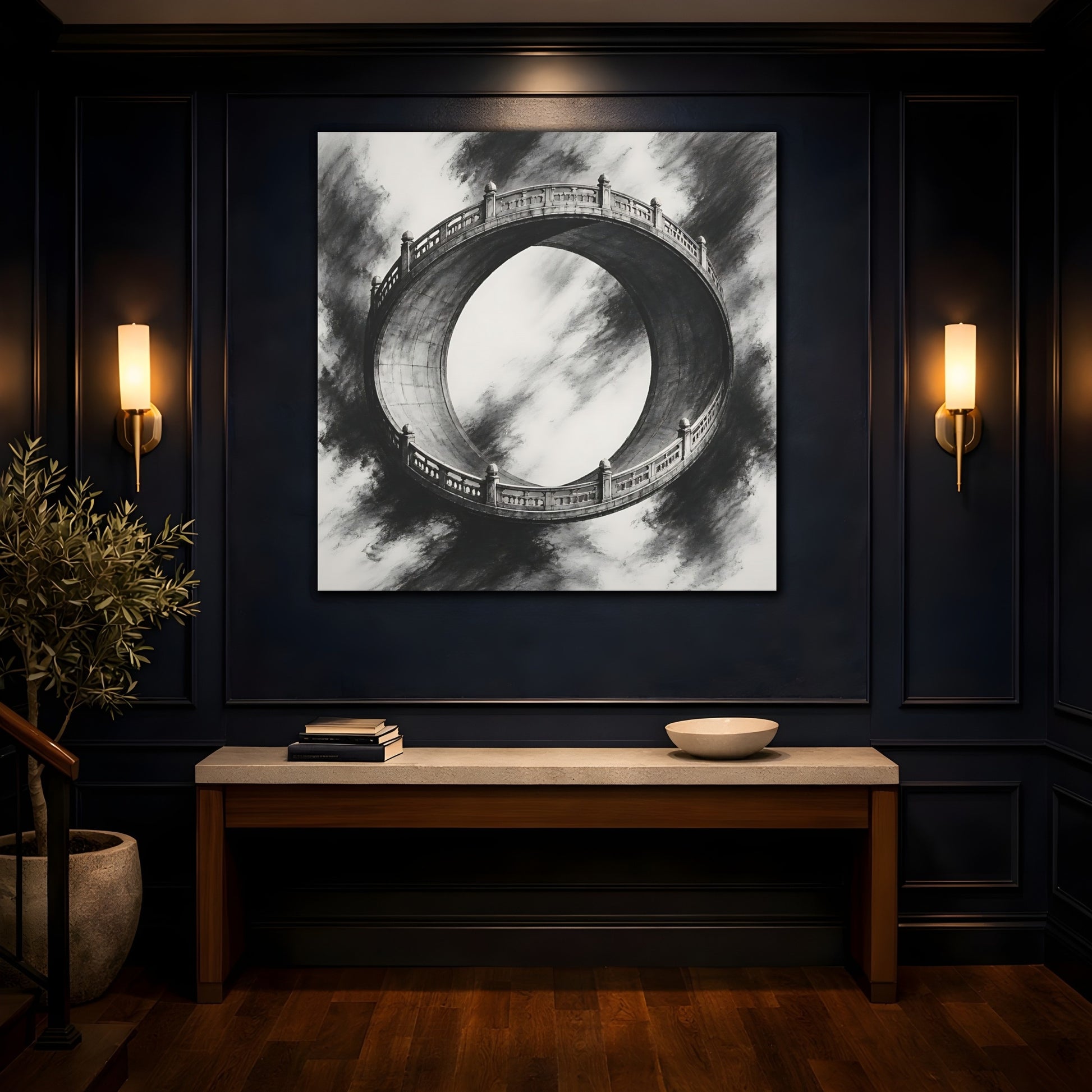 Mockup 4. Circular Bridge Illusion shown as canvas print