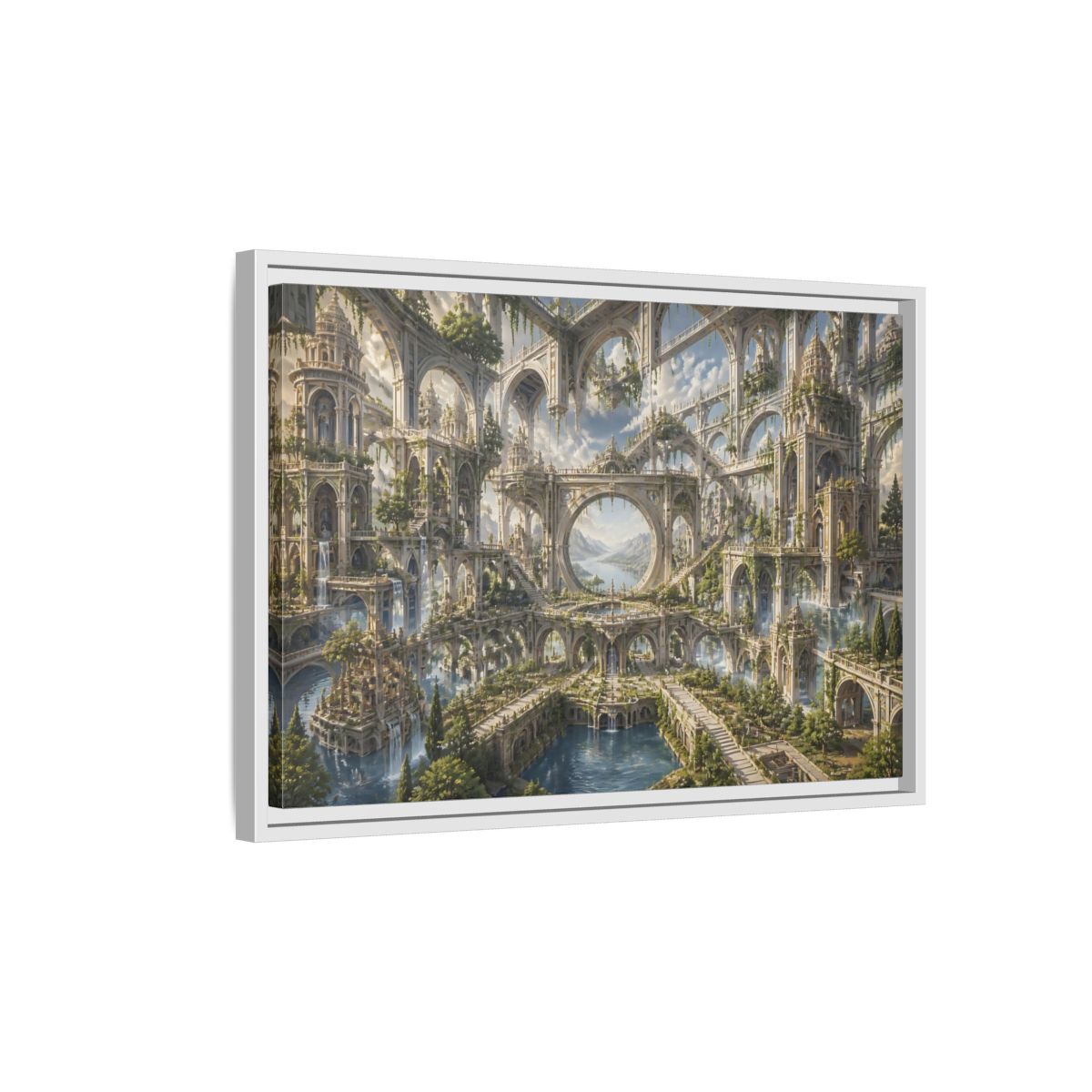 Side Mockup 1. Citadel Of Infinite Arches shown as framed canvas print