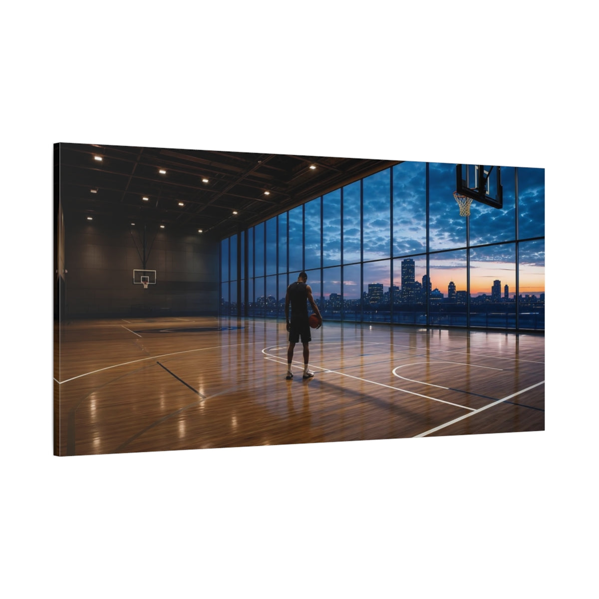 Side Mockup 2. City Court At Dusk shown as canvas print