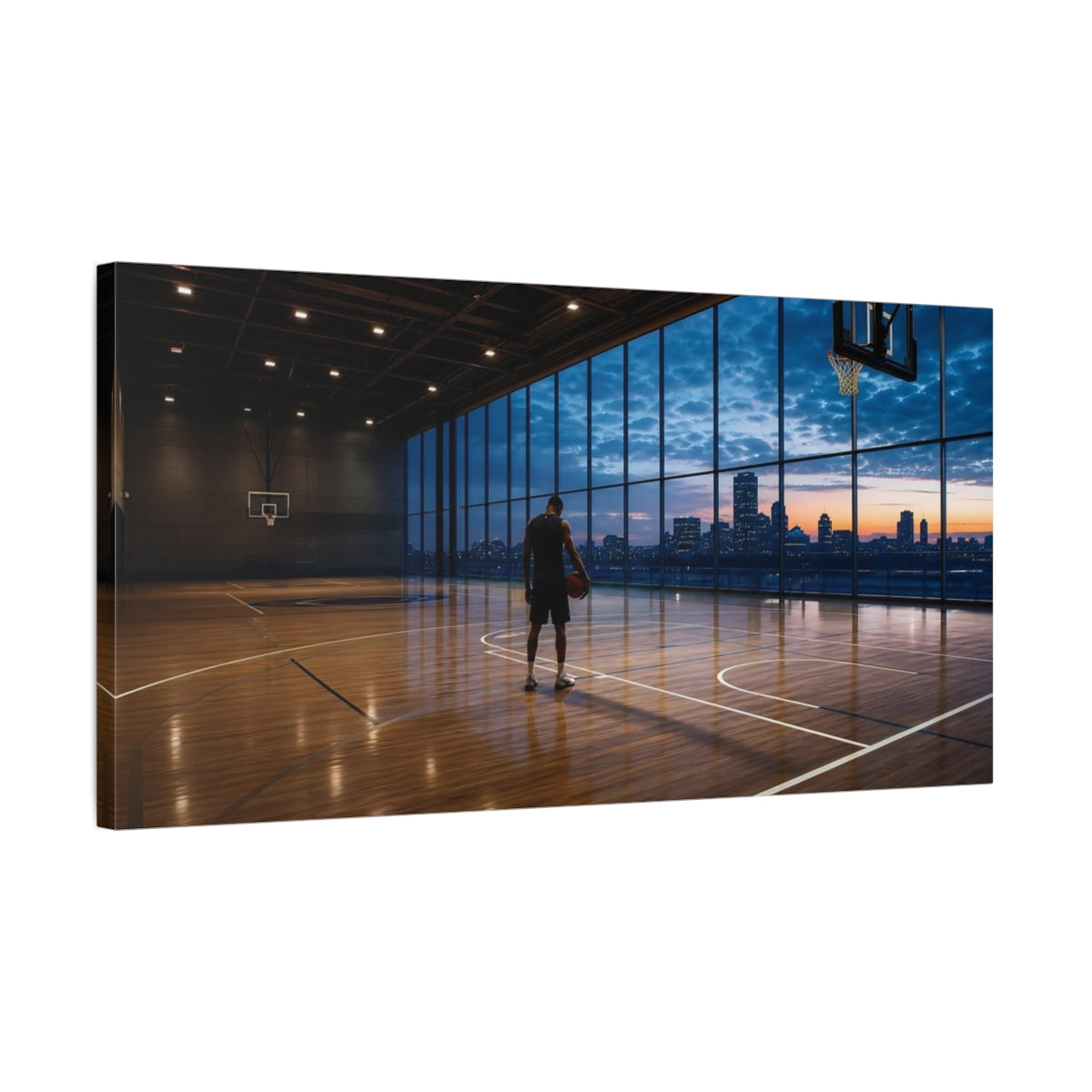 Side Mockup 1. City Court At Dusk shown as canvas print