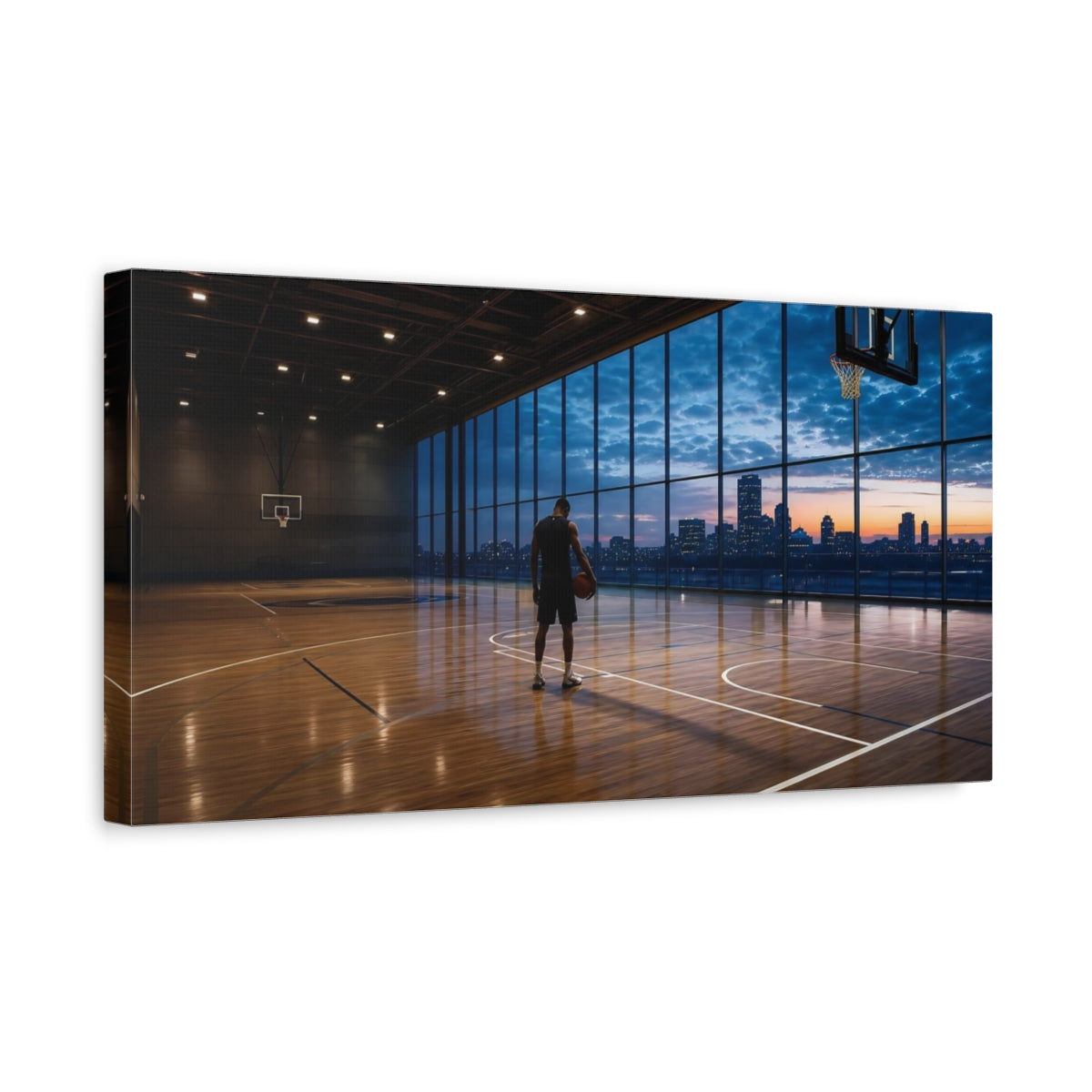 Side Mockup 3. City Court At Dusk shown as canvas print