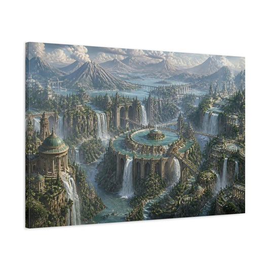 Main Mockup. City Of Cascading Waters shown as canvas print