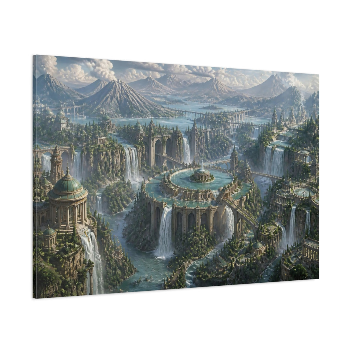 Side Mockup 1. City Of Cascading Waters shown as canvas print