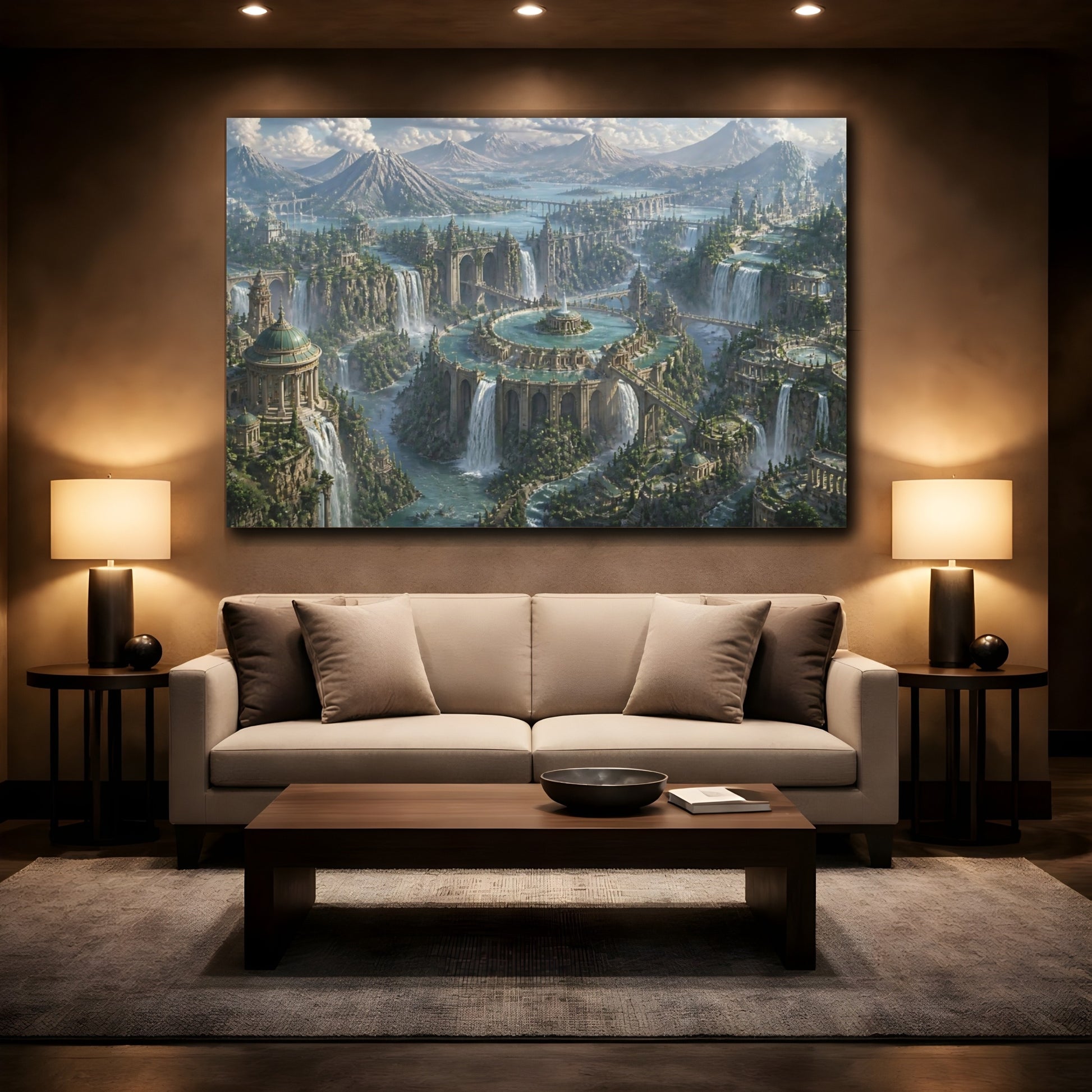 Mockup 2. City Of Cascading Waters shown as canvas print