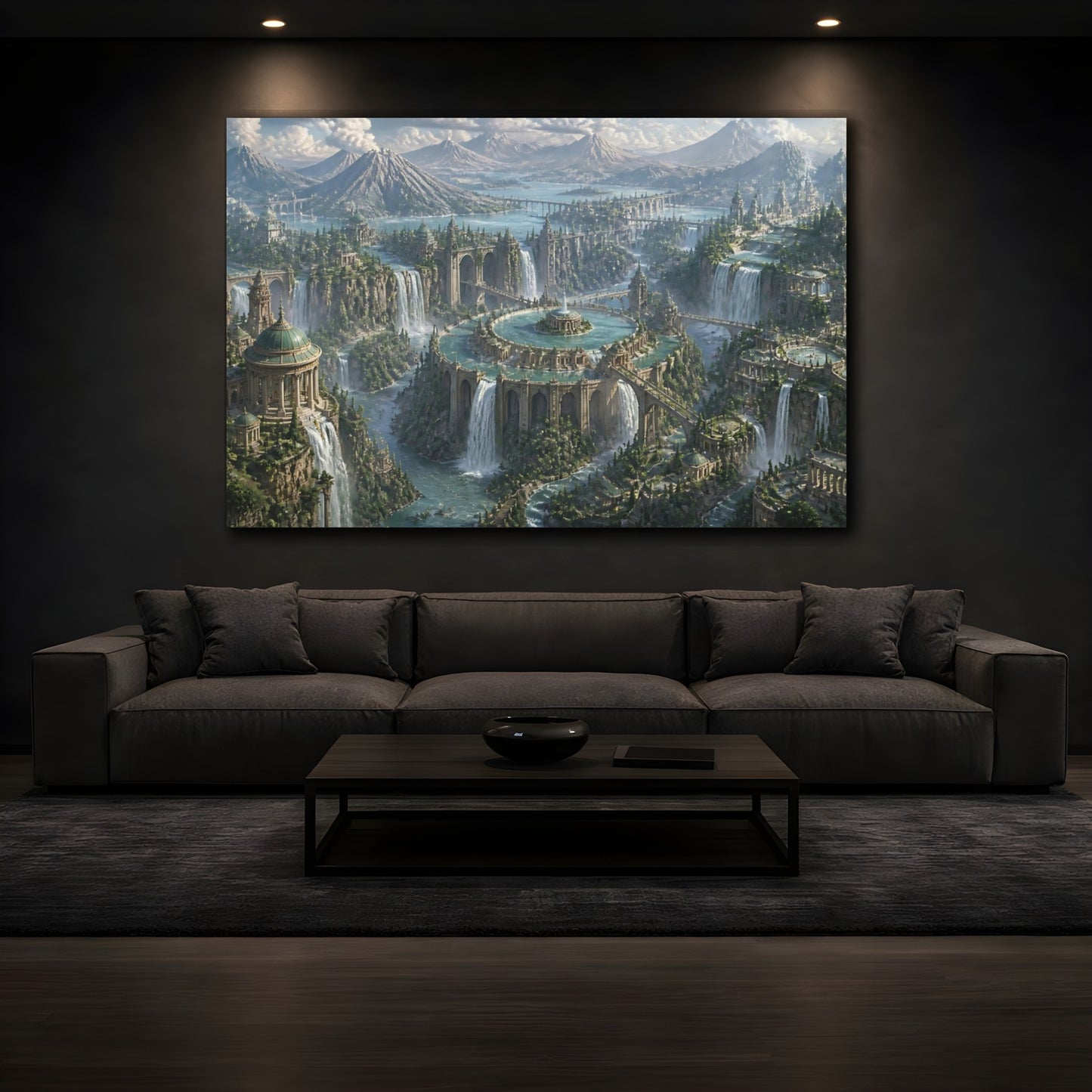 Mockup 3. City Of Cascading Waters shown as canvas print