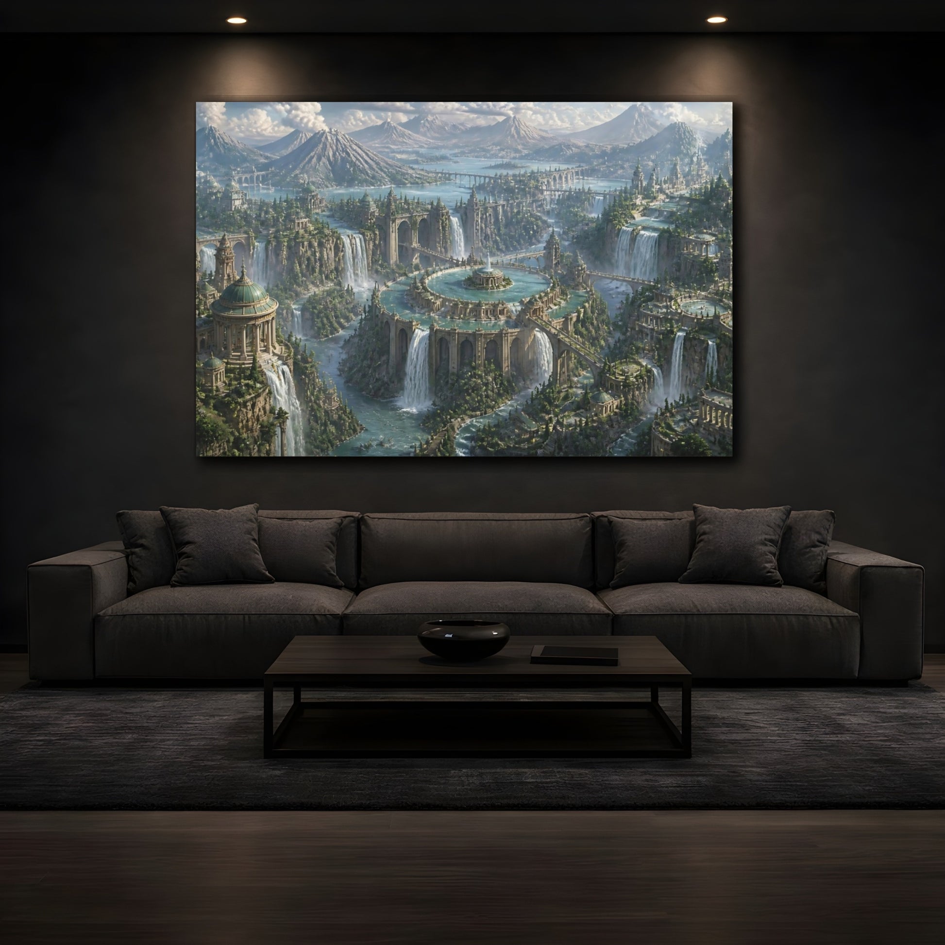 Mockup 3. City Of Cascading Waters shown as canvas print