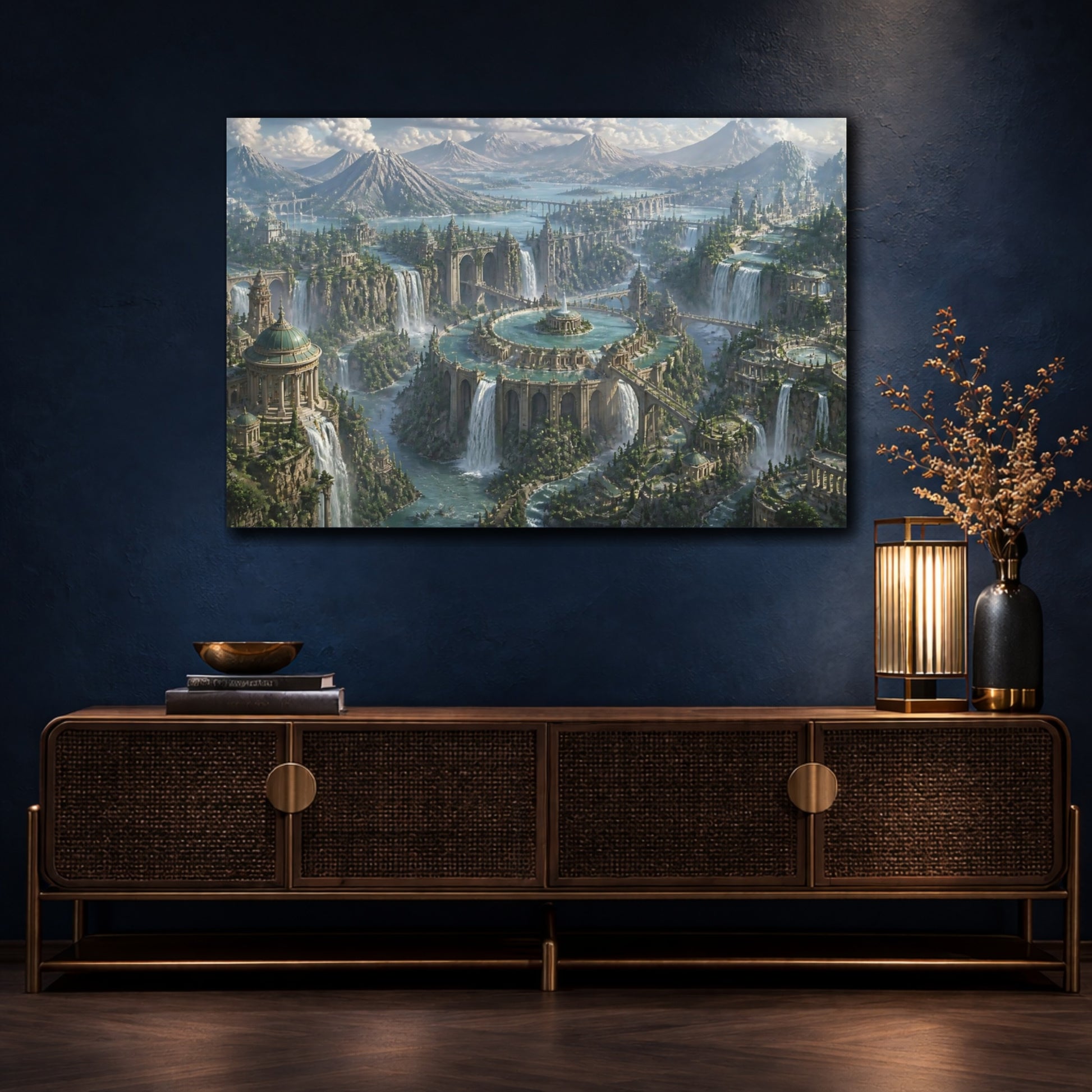 Mockup 4. City Of Cascading Waters shown as canvas print