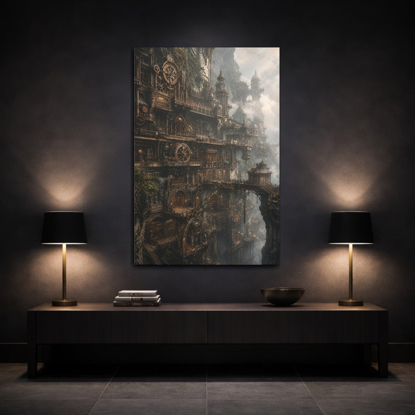 Mockup 3. Cliffside Archive Citadel shown as canvas print