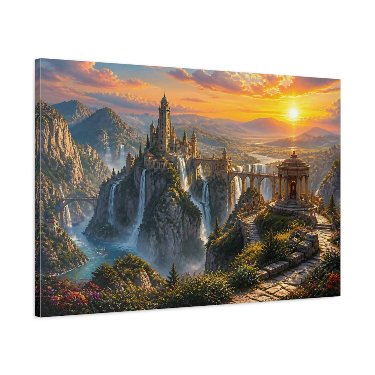 Main Mockup. Cliffside Castle At Sunset shown as canvas print