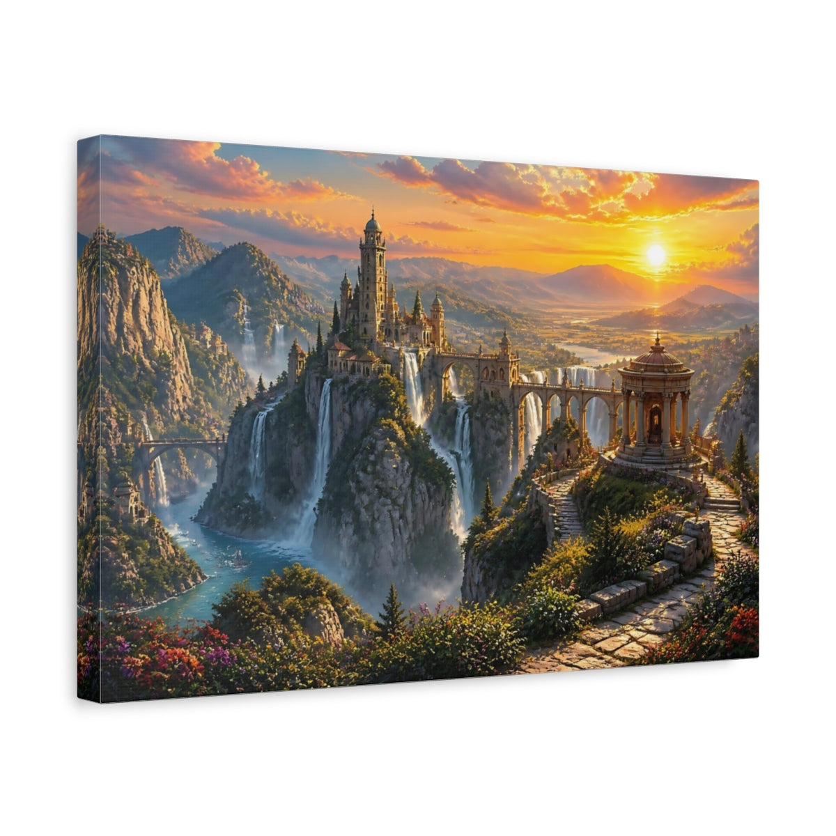 Side Mockup 4. Cliffside Castle At Sunset shown as canvas print