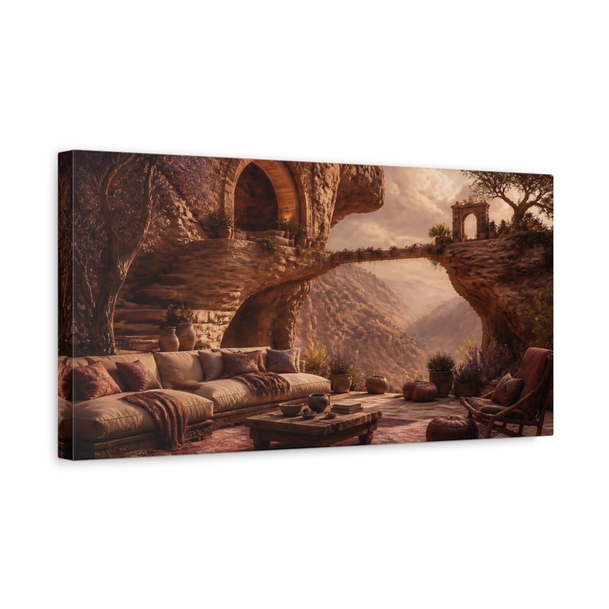 Side Mockup 3. Cliffside Dwelling Retreat shown as canvas print