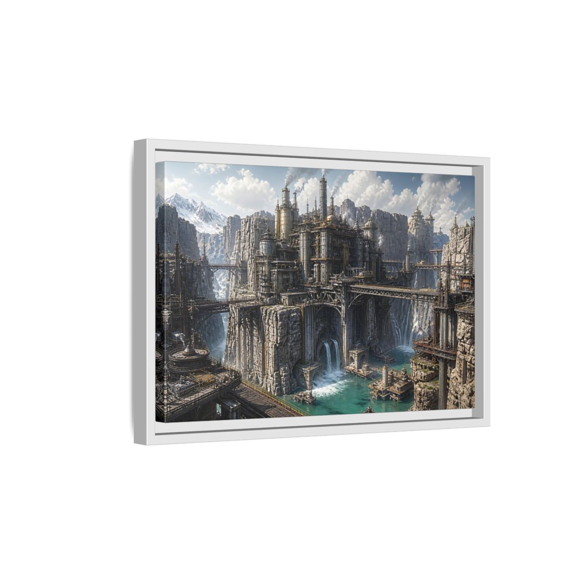 Side Mockup 4. Cliffside Industrial Citadel shown as framed canvas print