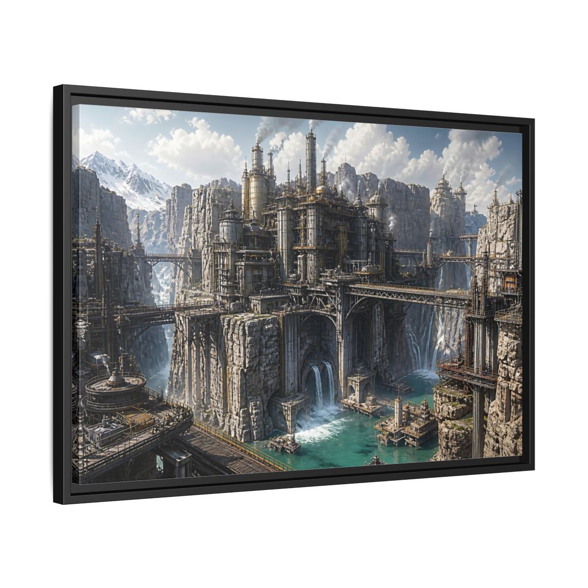Side Mockup 14. Cliffside Industrial Citadel shown as framed canvas print
