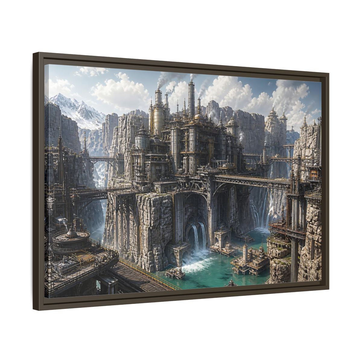 Side Mockup 11. Cliffside Industrial Citadel shown as framed canvas print
