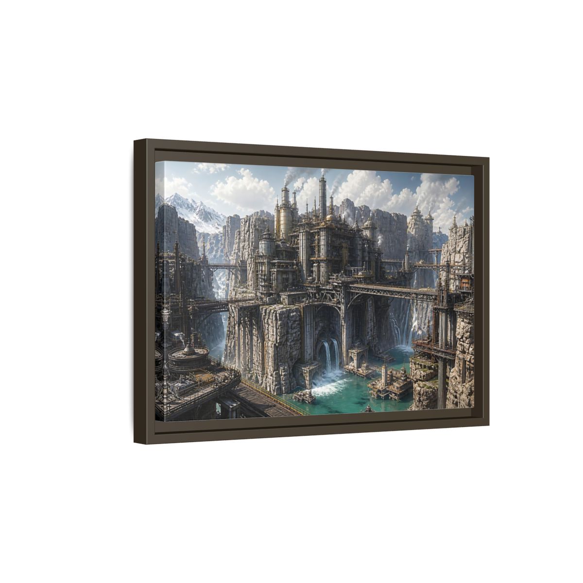 Side Mockup 5. Cliffside Industrial Citadel shown as framed canvas print