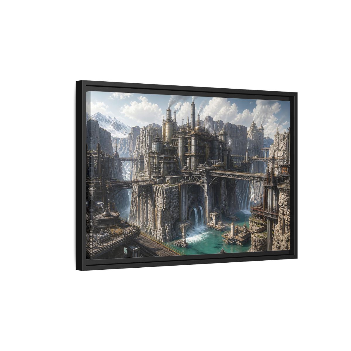 Side Mockup 3. Cliffside Industrial Citadel shown as framed canvas print