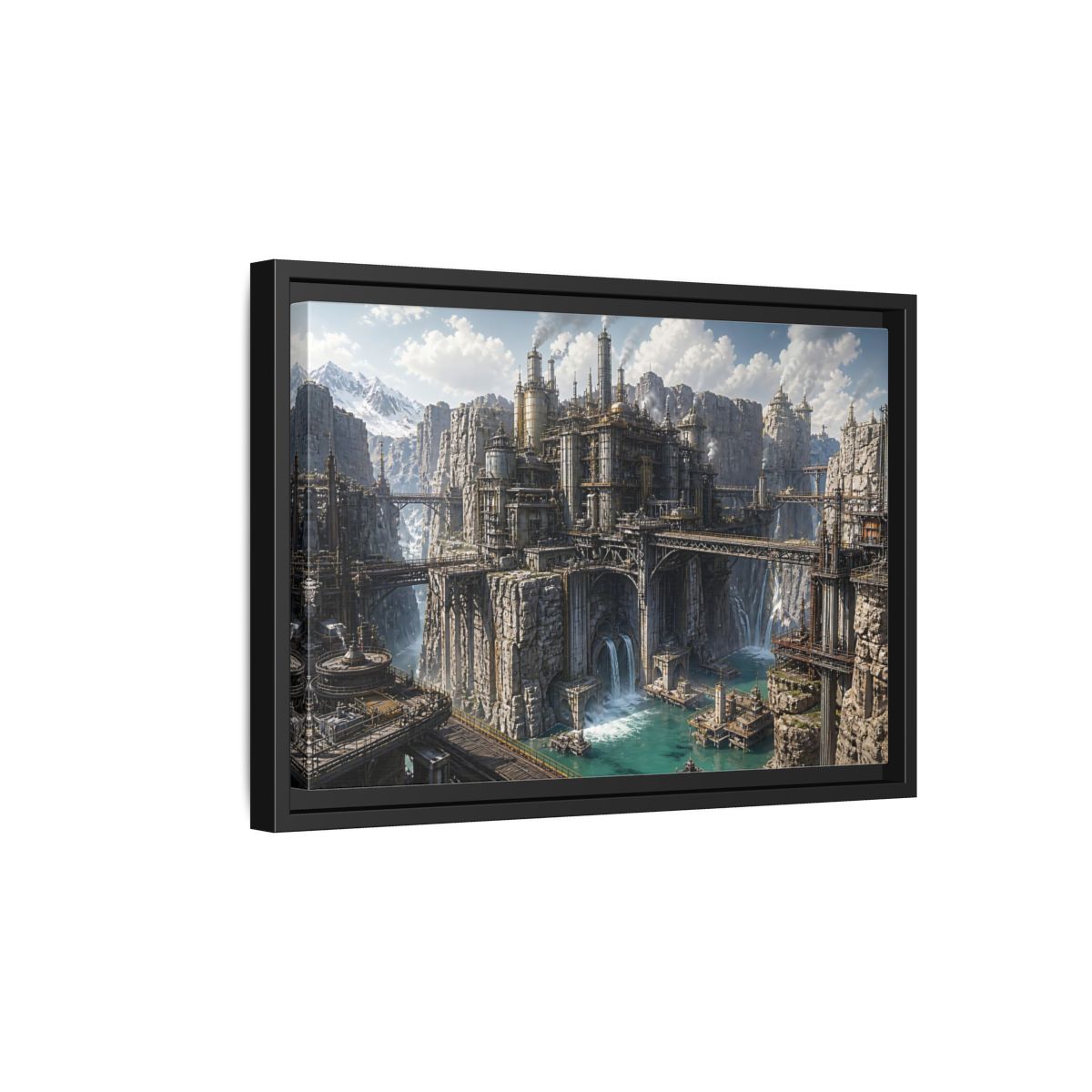 Side Mockup 6. Cliffside Industrial Citadel shown as framed canvas print