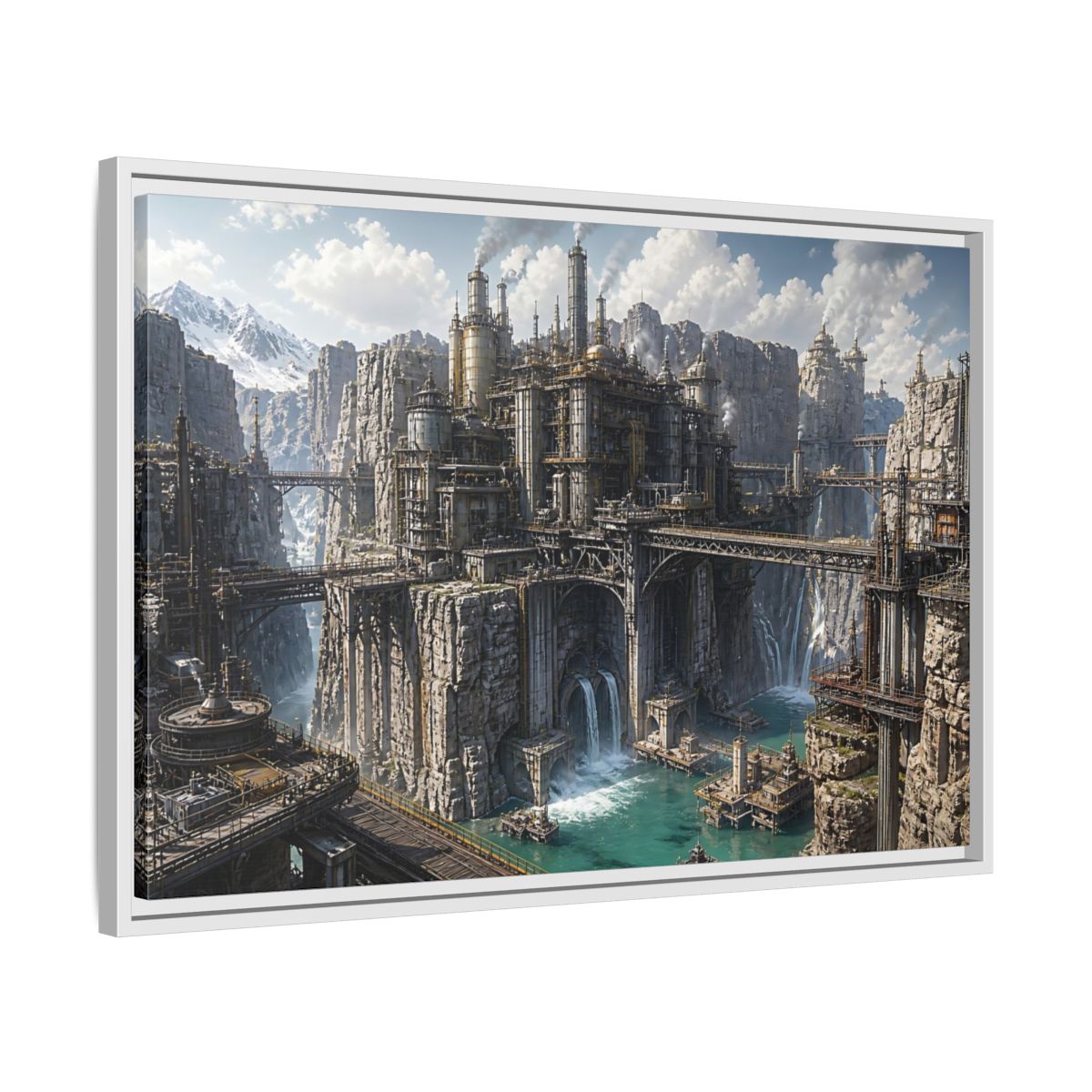 Side Mockup 10. Cliffside Industrial Citadel shown as framed canvas print