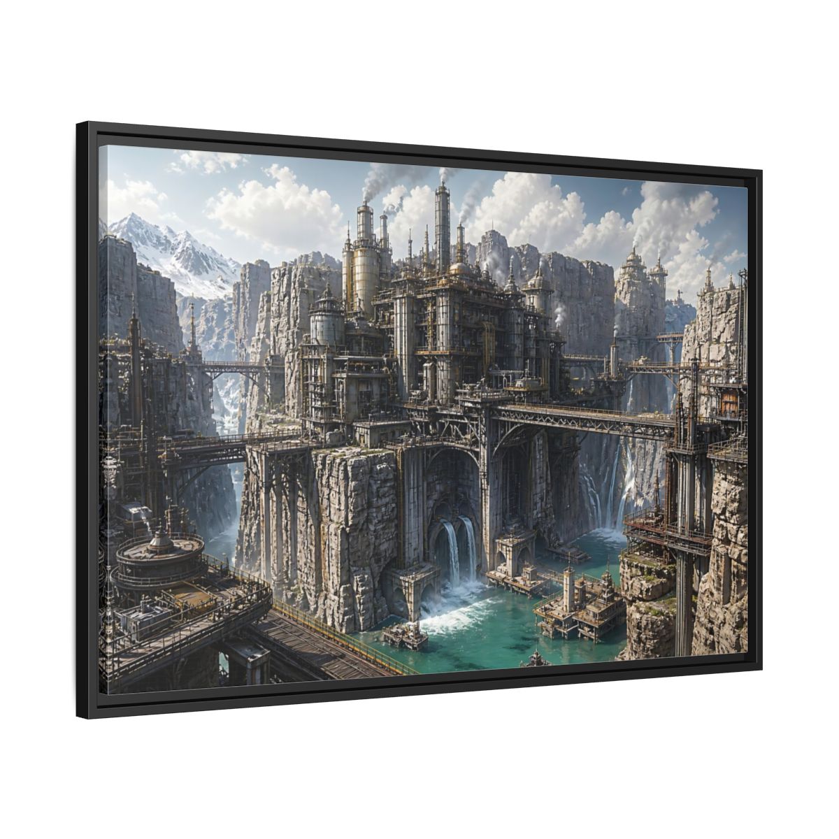 Side Mockup 13. Cliffside Industrial Citadel shown as framed canvas print