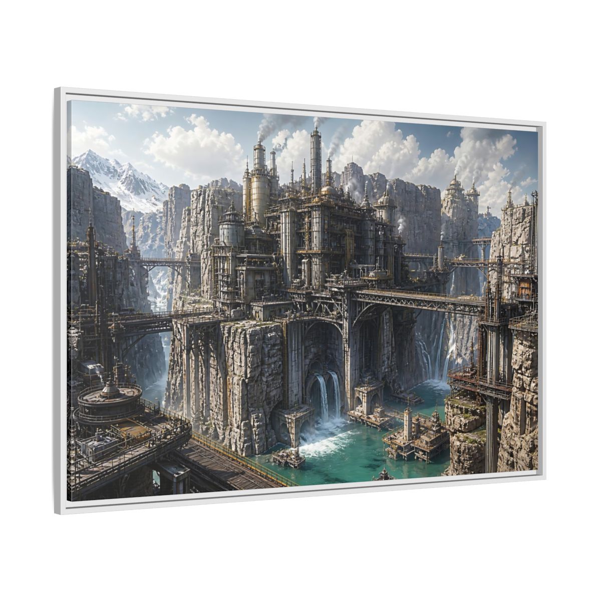 Side Mockup 7. Cliffside Industrial Citadel shown as framed canvas print