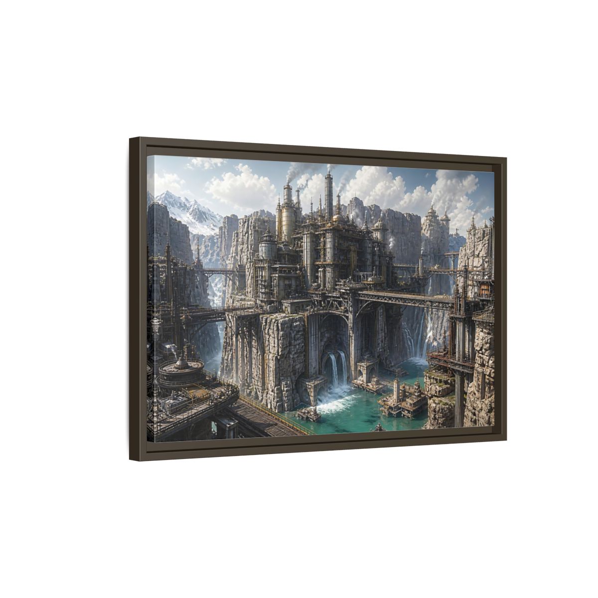 Side Mockup 2. Cliffside Industrial Citadel shown as framed canvas print