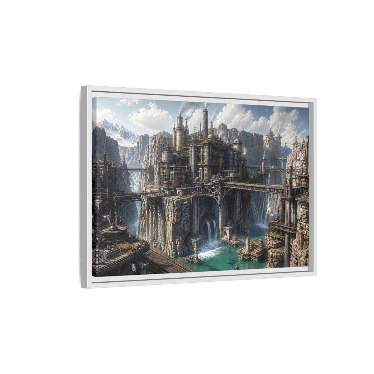 Side Mockup 1. Cliffside Industrial Citadel shown as framed canvas print